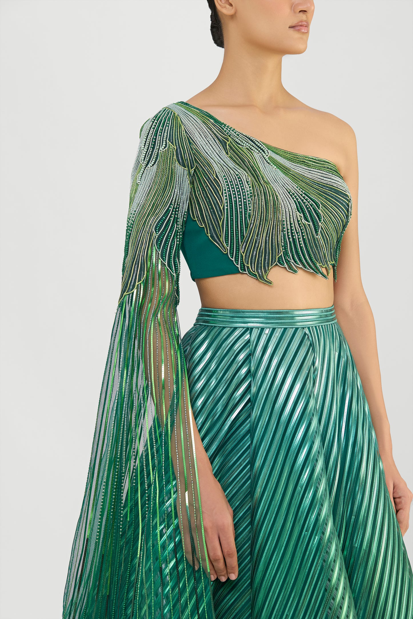 METALLIC FLUTED TULLE PRINTED SKIRT AND BEADED OFF THE SHOULDER TOP