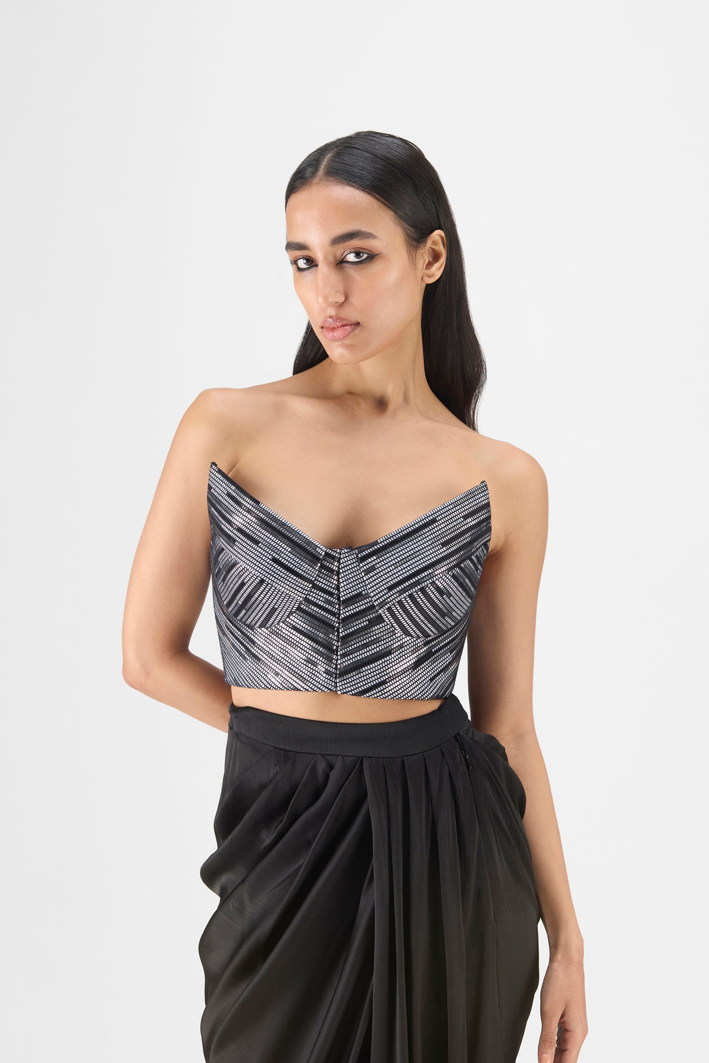 WOVEN METALLIC BUSTIER AND SKIRT