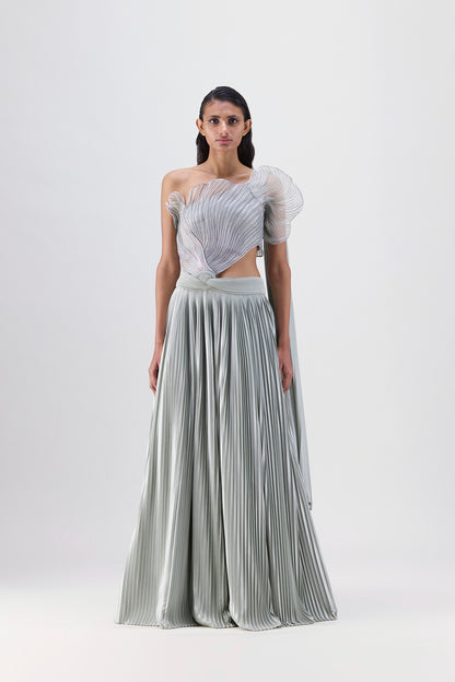 CORDED CORAL TOP AND  PLISSÉ SKIRT