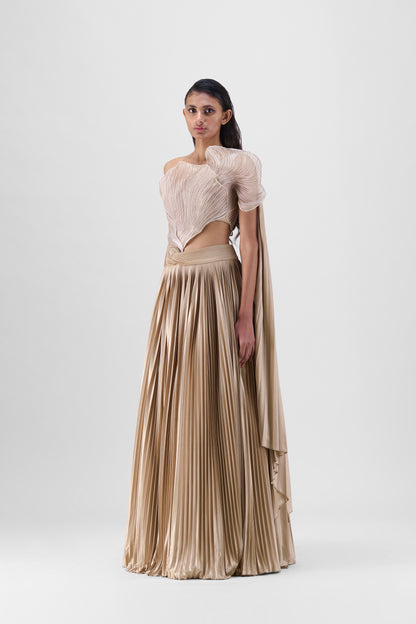 CORDED CORAL TOP AND  PLISSÉ SKIRT