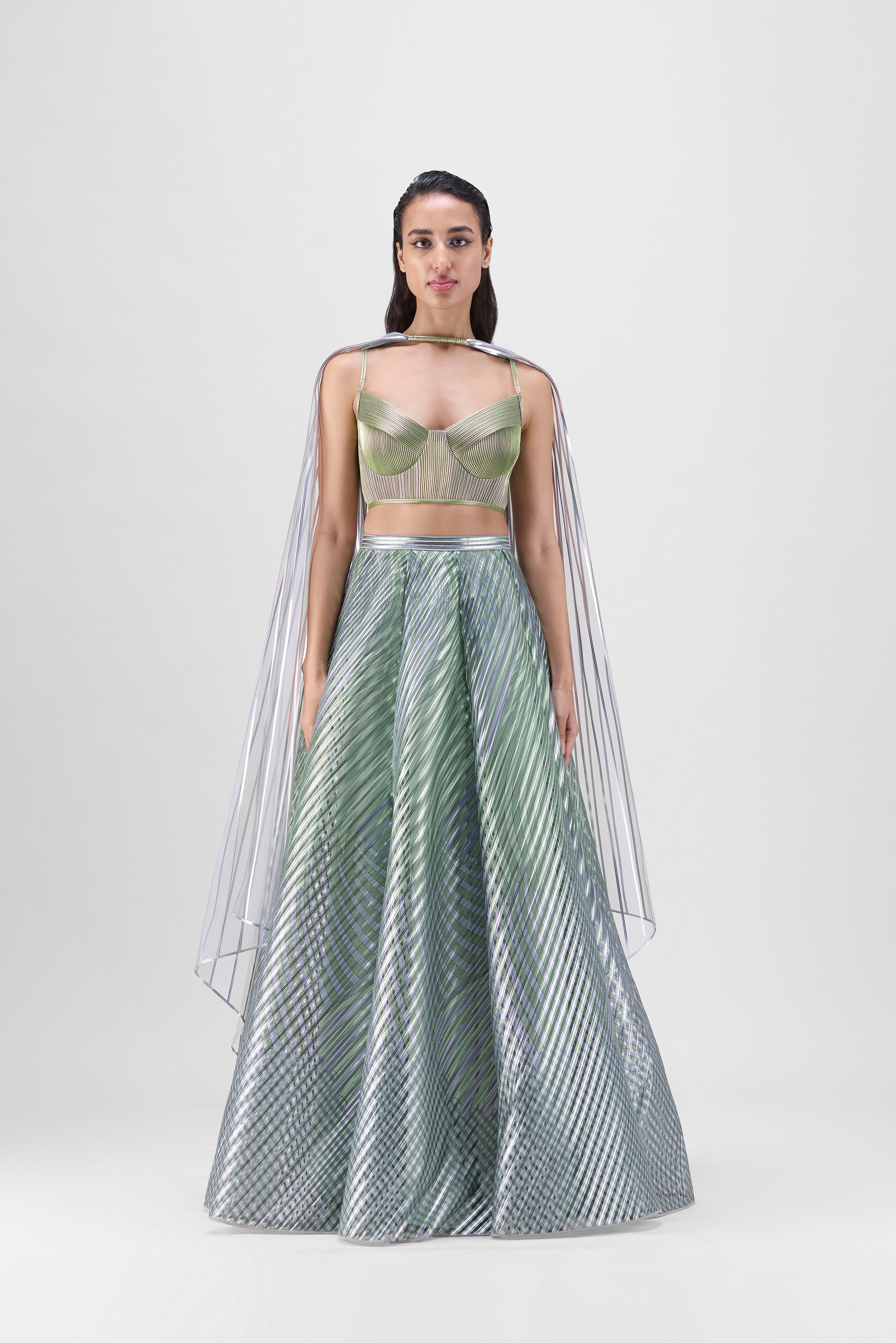 METALLIC FLUTED TULLE PRINTED SKIRT WITH A CORDED BUSTIER