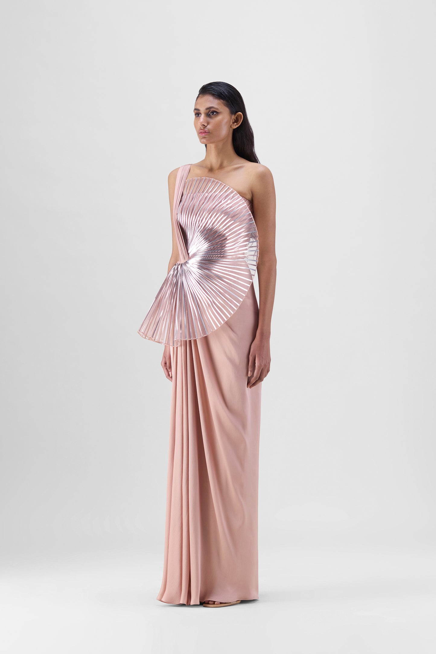 METALLIC SUN RAY DRAPED GOWN