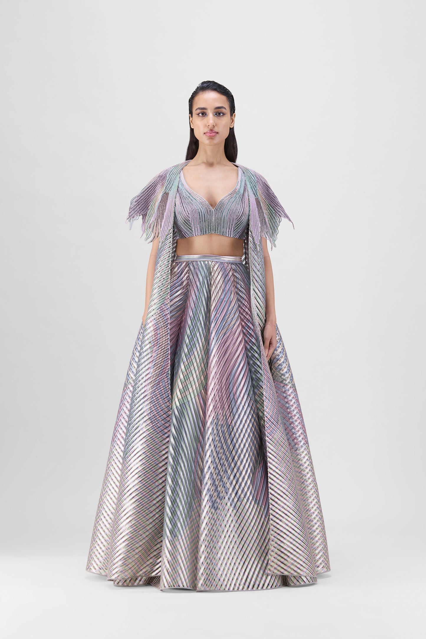 METALLIC FLUTED TULLE PRINTED CAPE AND SKIRT SET