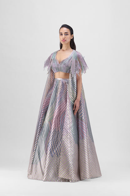 METALLIC FLUTED TULLE PRINTED CAPE AND SKIRT SET
