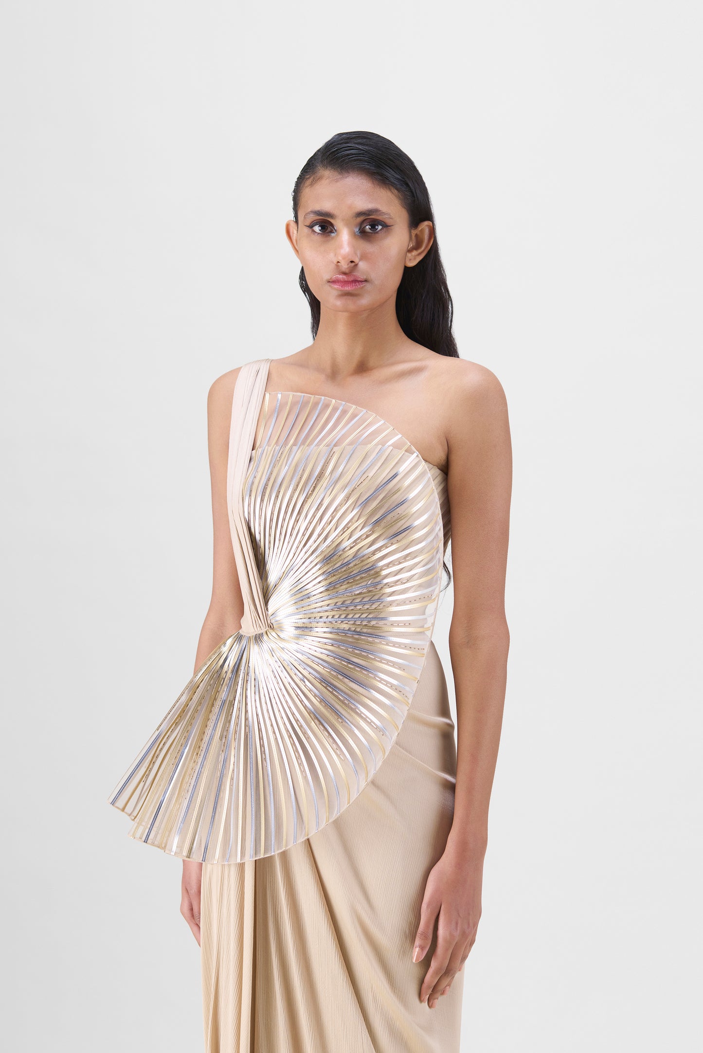 METALLIC SUN RAY DRAPED GOWN