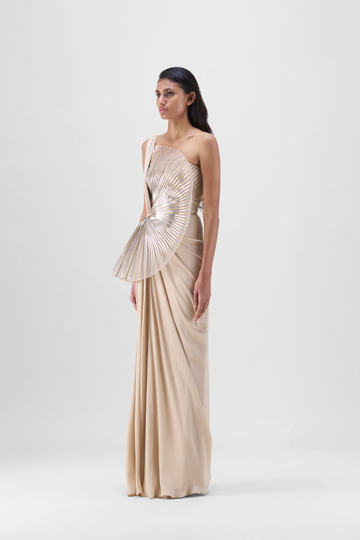 METALLIC SUN RAY DRAPED GOWN