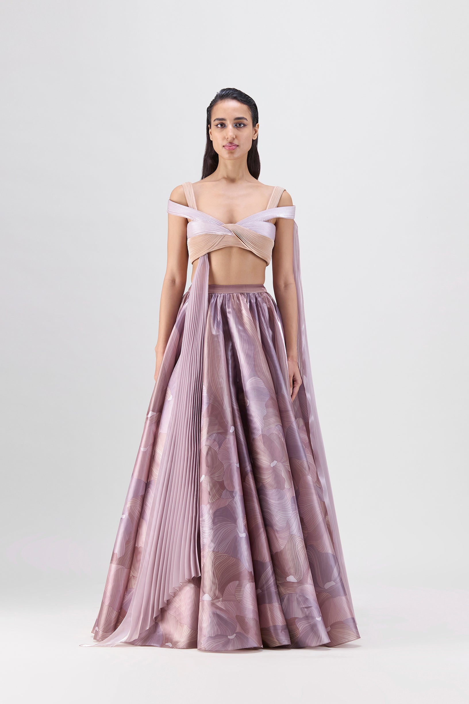 STRUCTURED TOP AND PRINTED SKIRT IN GLAZED ORGANZA