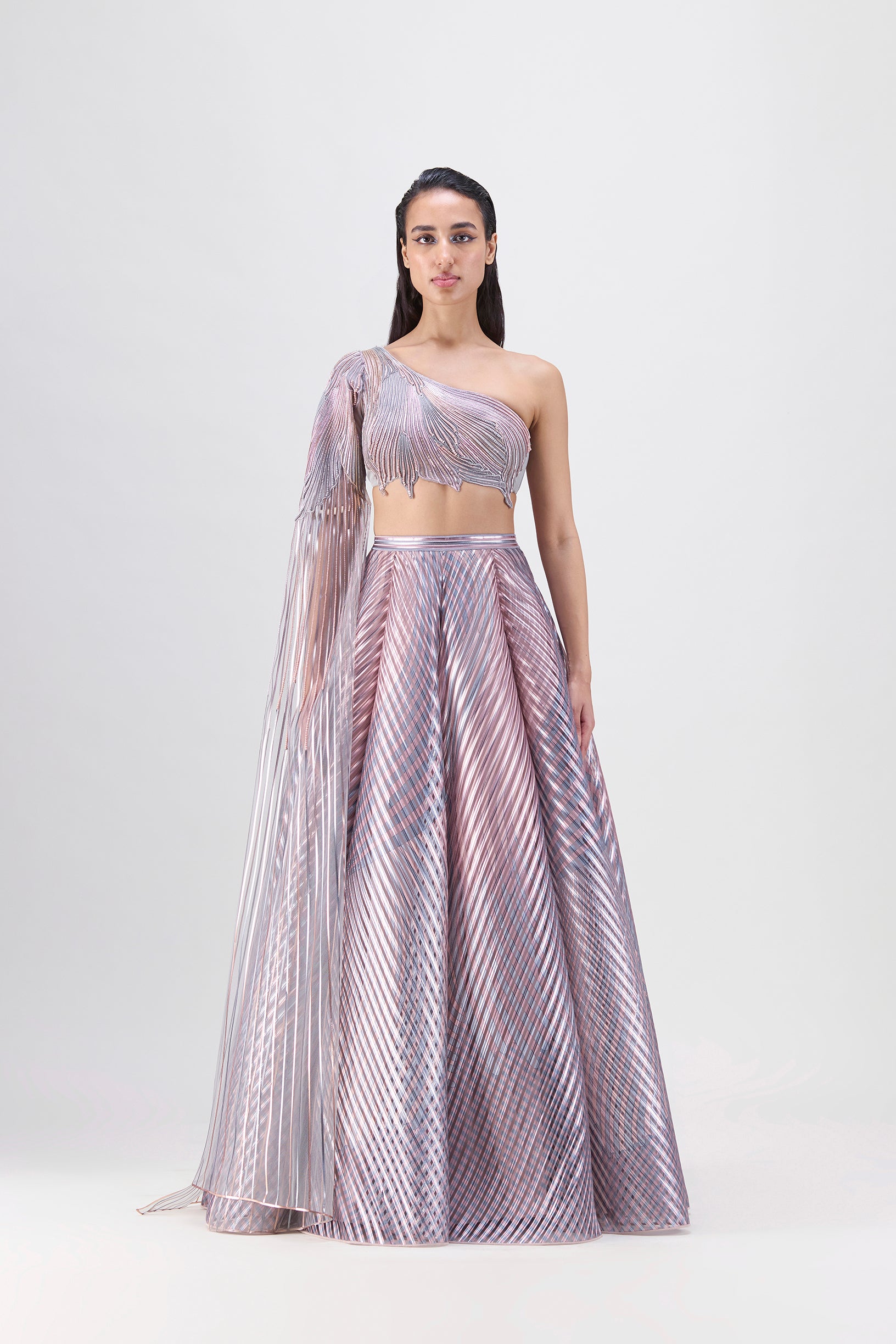 METALLIC FLUTED TULLE PRINTED SKIRT AND BEADED TOP