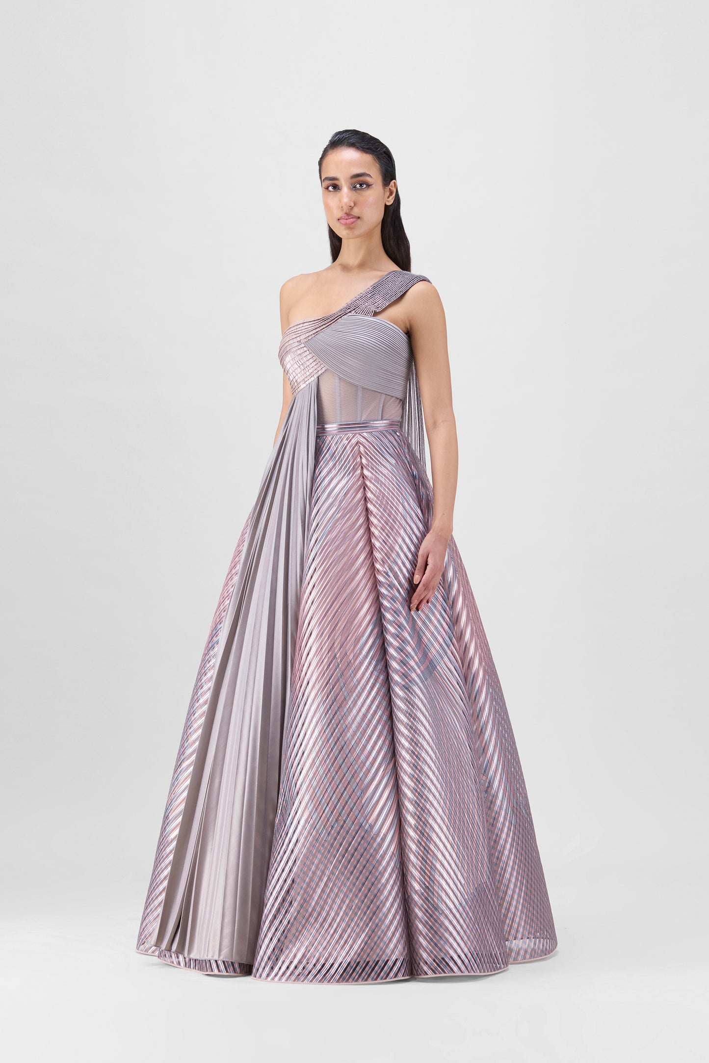 METALLIC FLUTED TULLE PRINTED SKIRT AND TOP WITH TWO DRAPES
