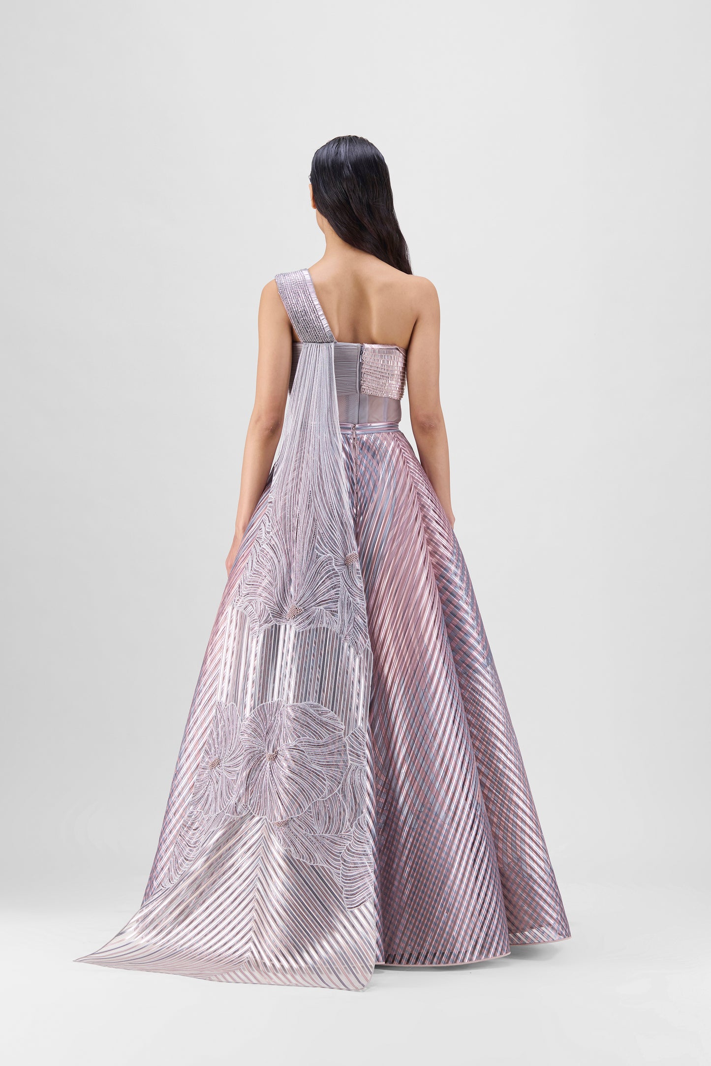 METALLIC FLUTED TULLE PRINTED SKIRT AND TOP WITH TWO DRAPES