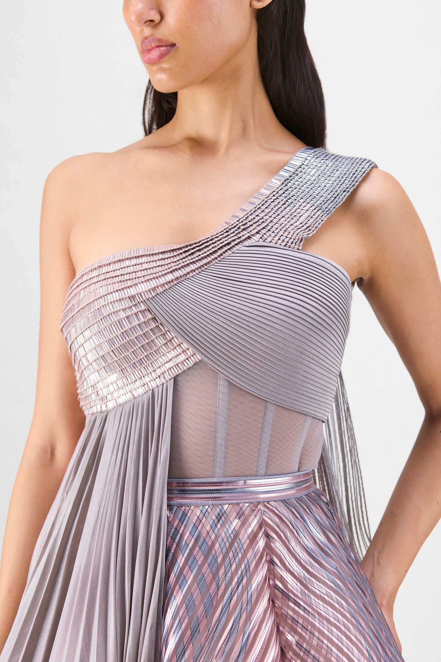 METALLIC FLUTED TULLE PRINTED SKIRT AND TOP WITH TWO DRAPES