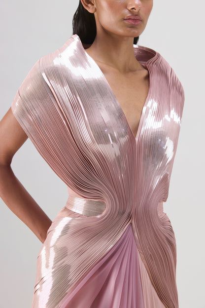 METALLIC MICRO PLEATED STRUCTURED GOWN