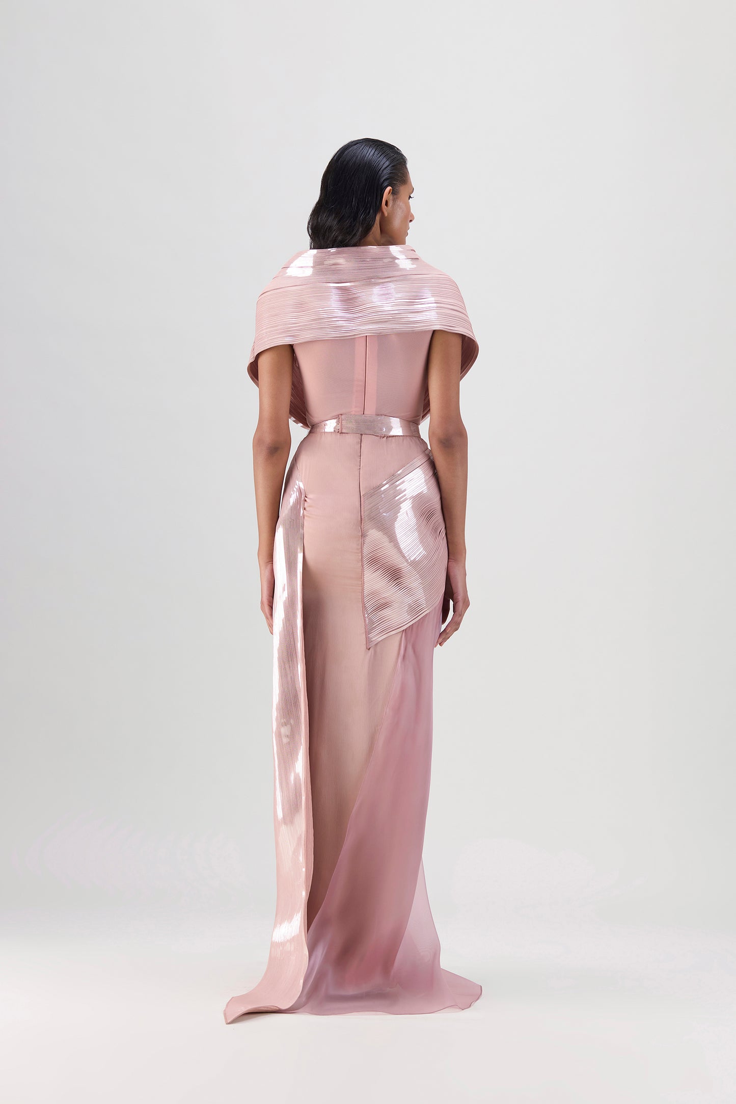 METALLIC MICRO PLEATED STRUCTURED GOWN