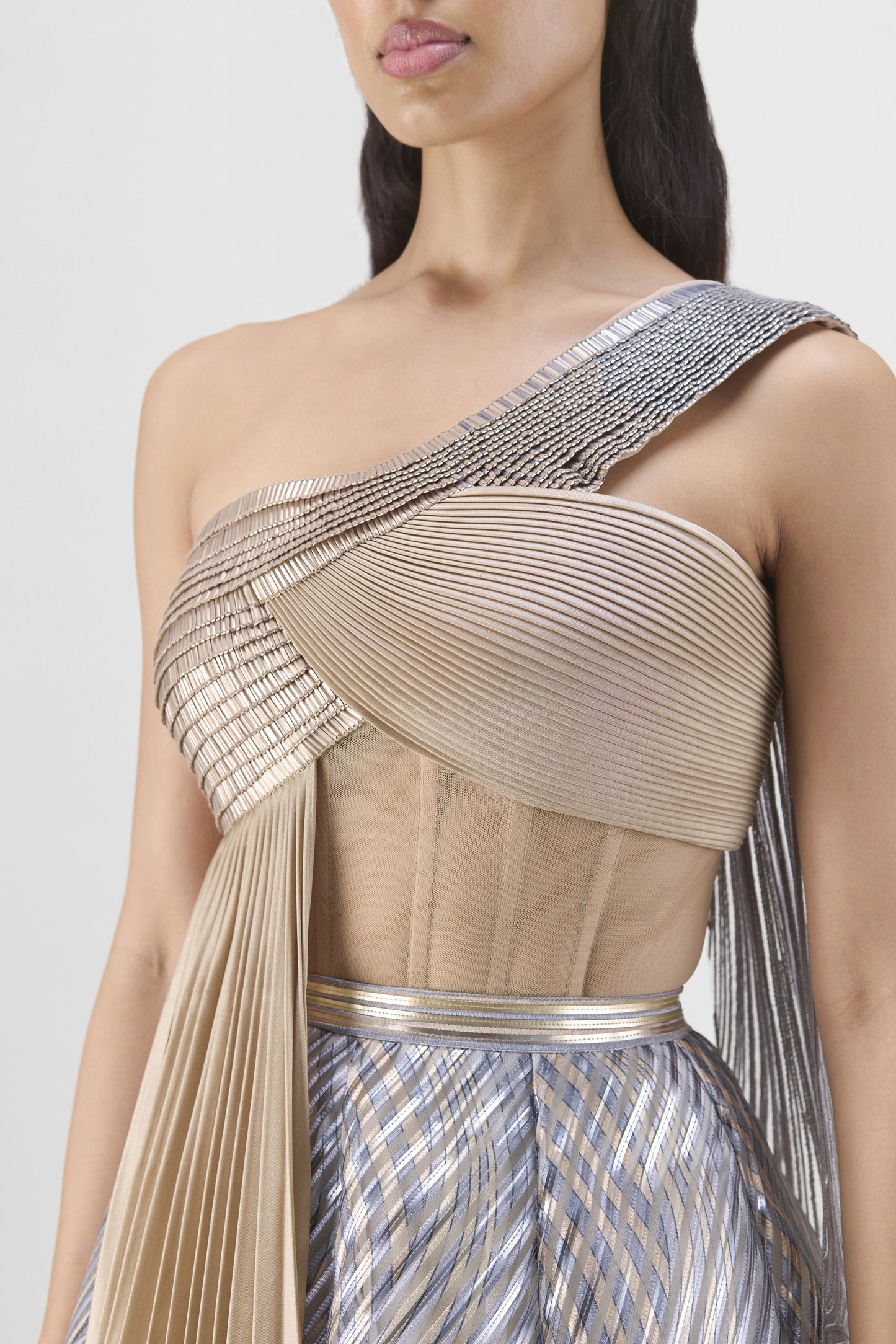 METALLIC FLUTED TULLE PRINTED SKIRT AND TOP WITH TWO DRAPES