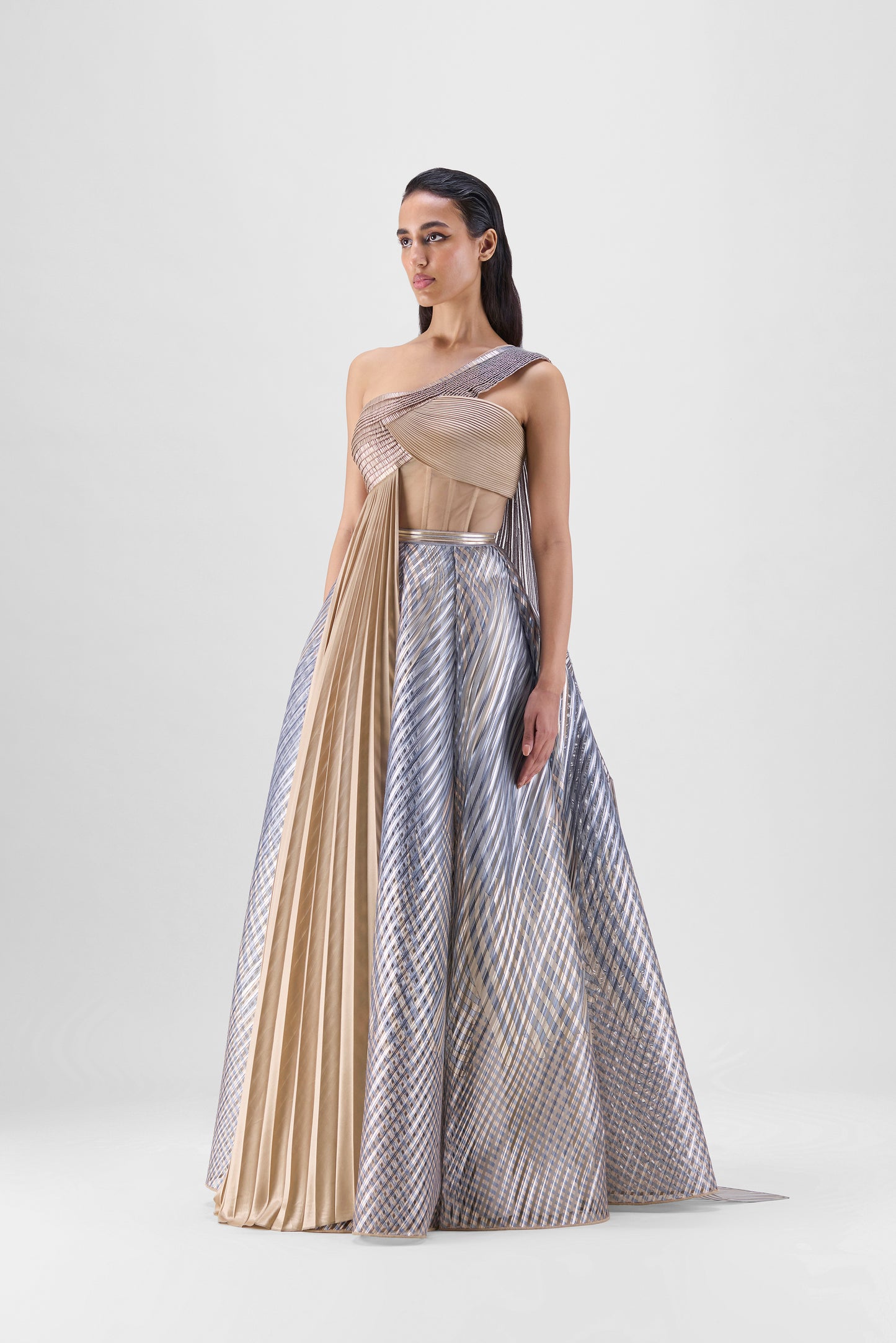 METALLIC FLUTED TULLE PRINTED SKIRT AND TOP WITH TWO DRAPES