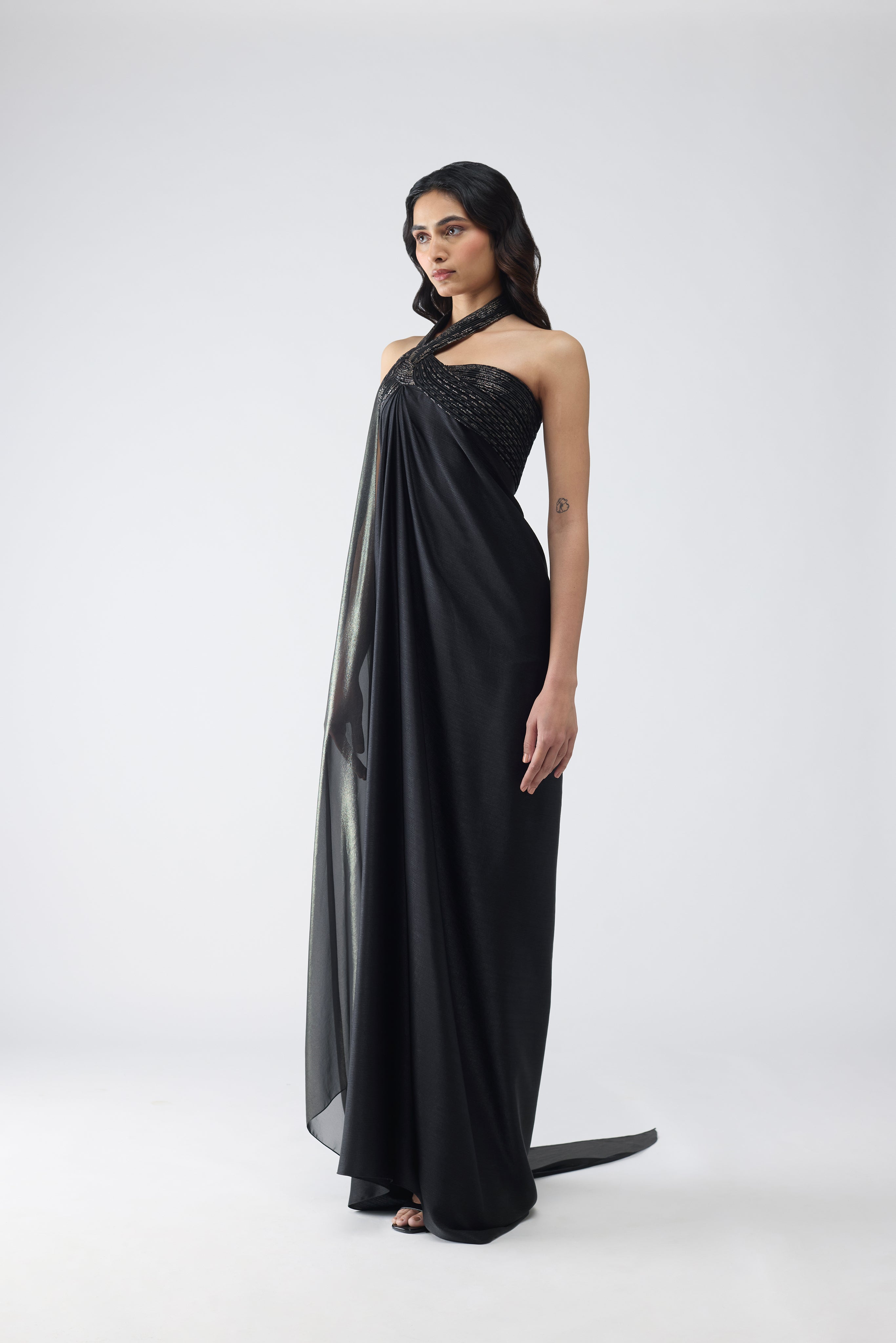 FLUID HALTER DRESS WITH VINTAGE BANARSI DETAILING AND SLEEVE DRAPE