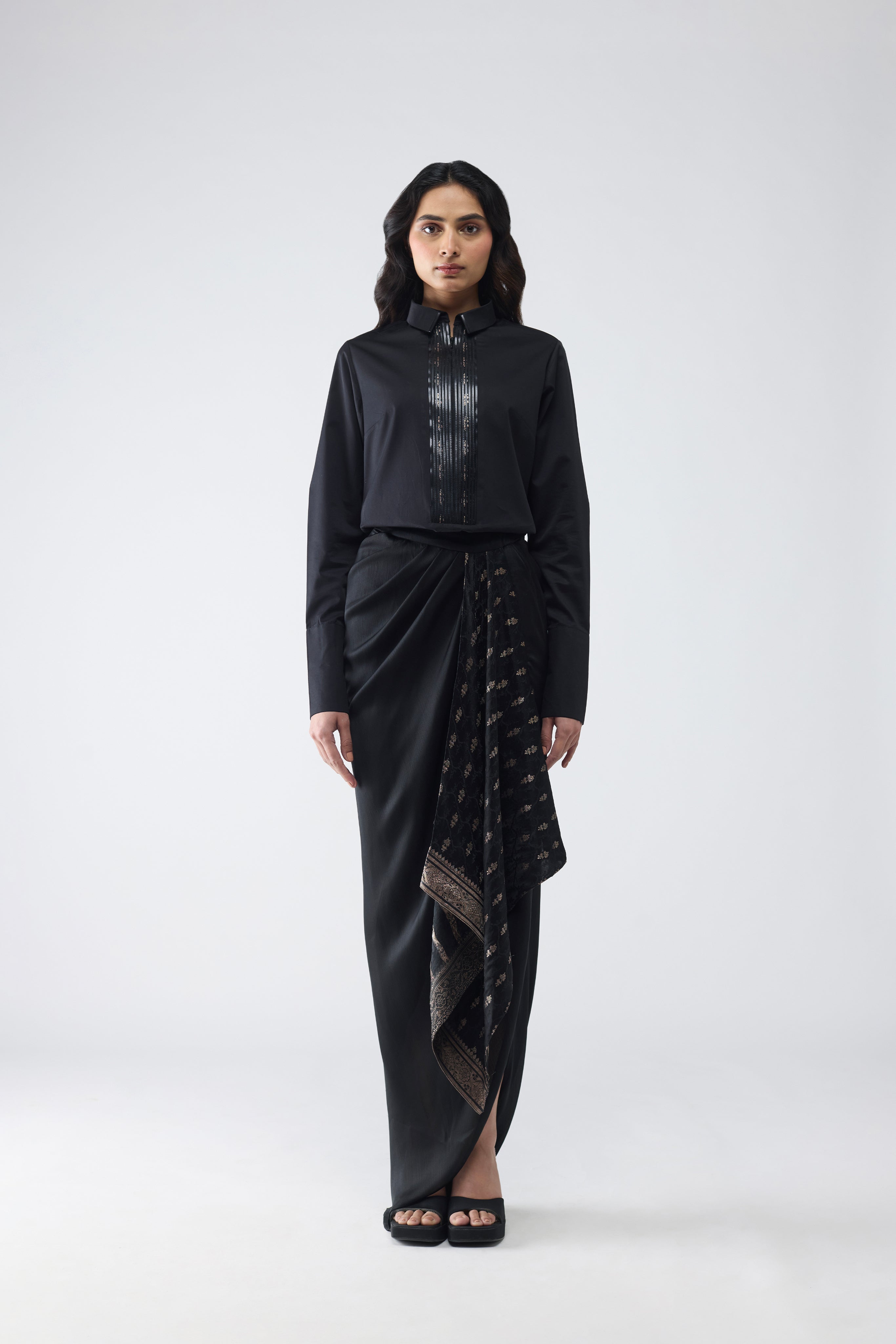 METALLIC SHIRT WITH VINTAGE BANARSI DETAILING AND DRAPED SKIRT