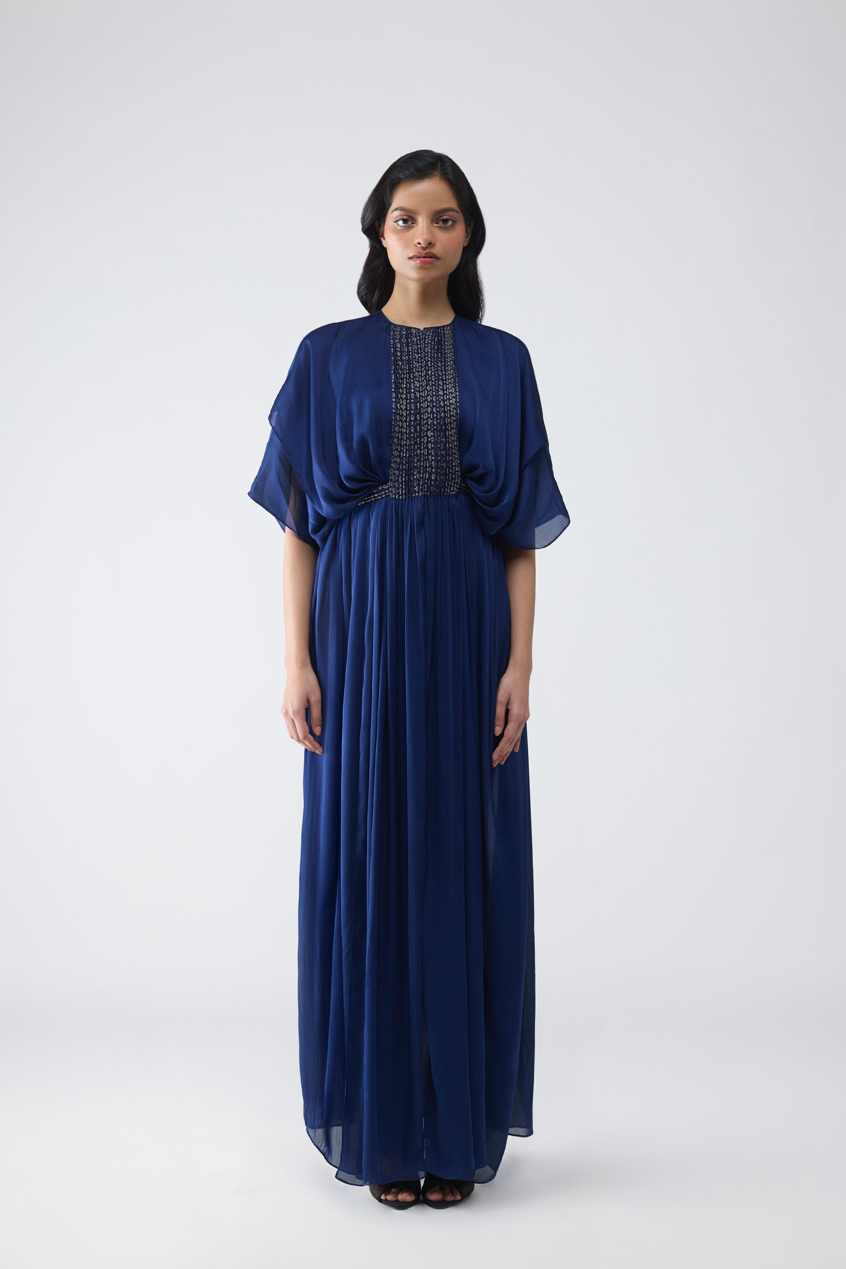 PLEATED LAYERED DRESS WITH VINTAGE BANARSI DETAILING