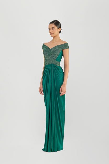 MOULDED CORDED GOWN WITH BEADS AND A CHIFFON DRAPE