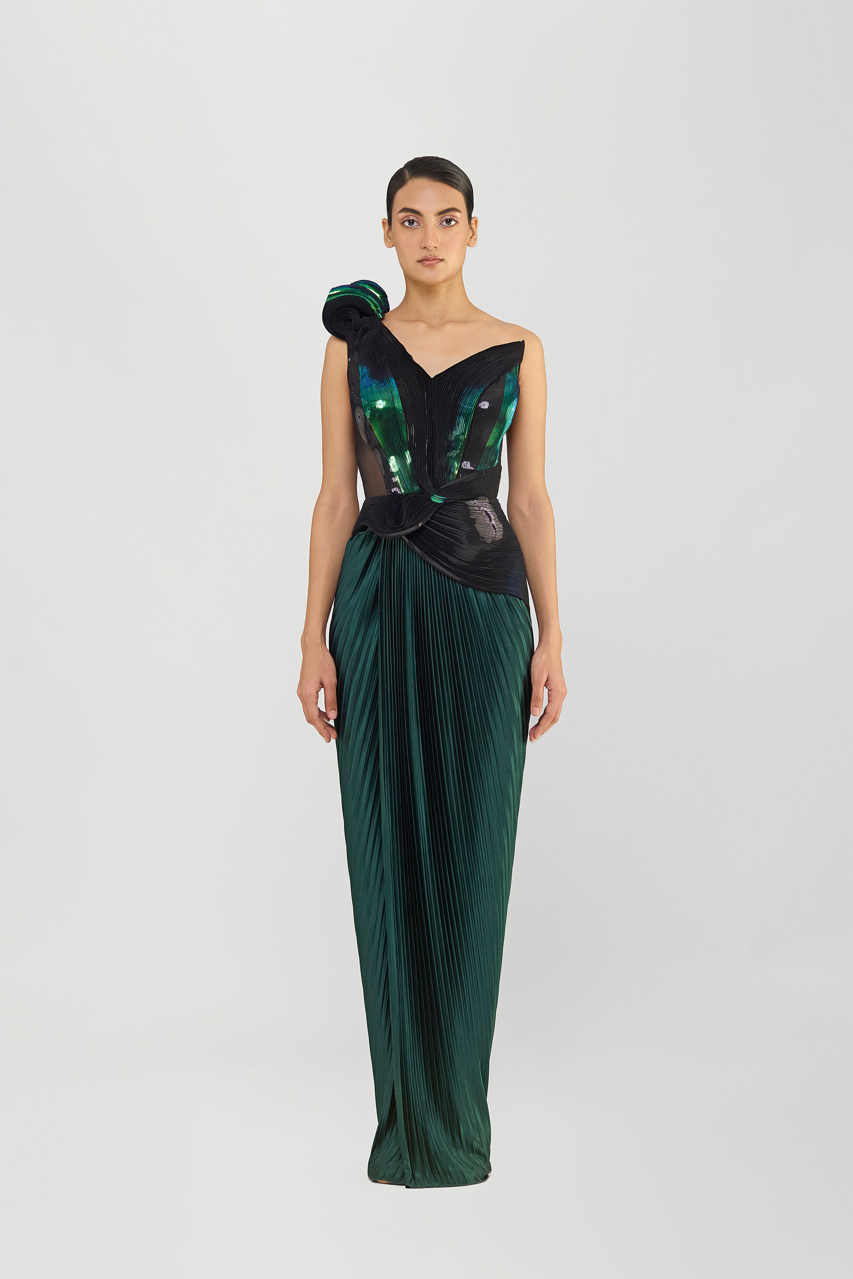 MOULDED METALLIC OFF THE SHOULDER GOWN WITH PLISSE  DRAPE