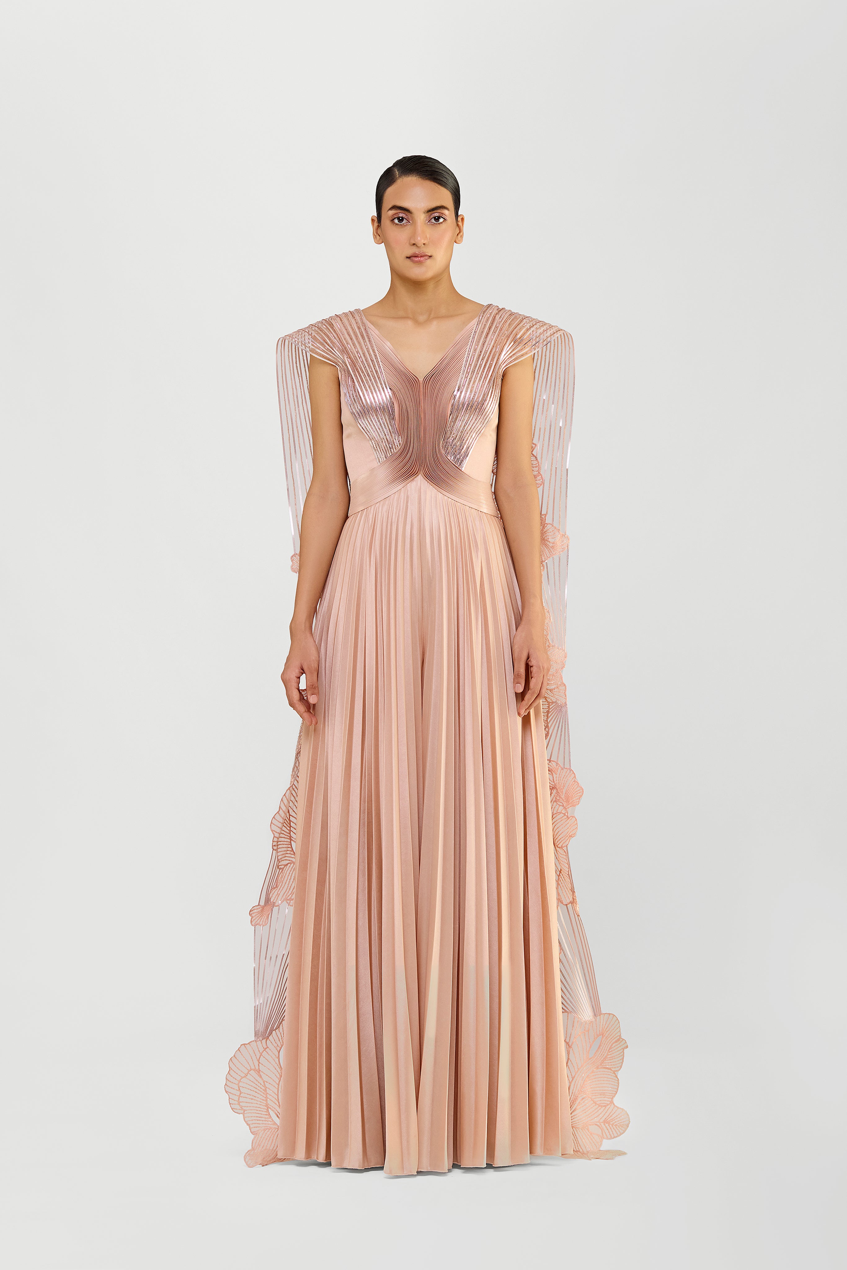 STRUCTURED GOWN WITH METALLIC SUNRAY CORAL PALLA AND PLISSE SKIRT