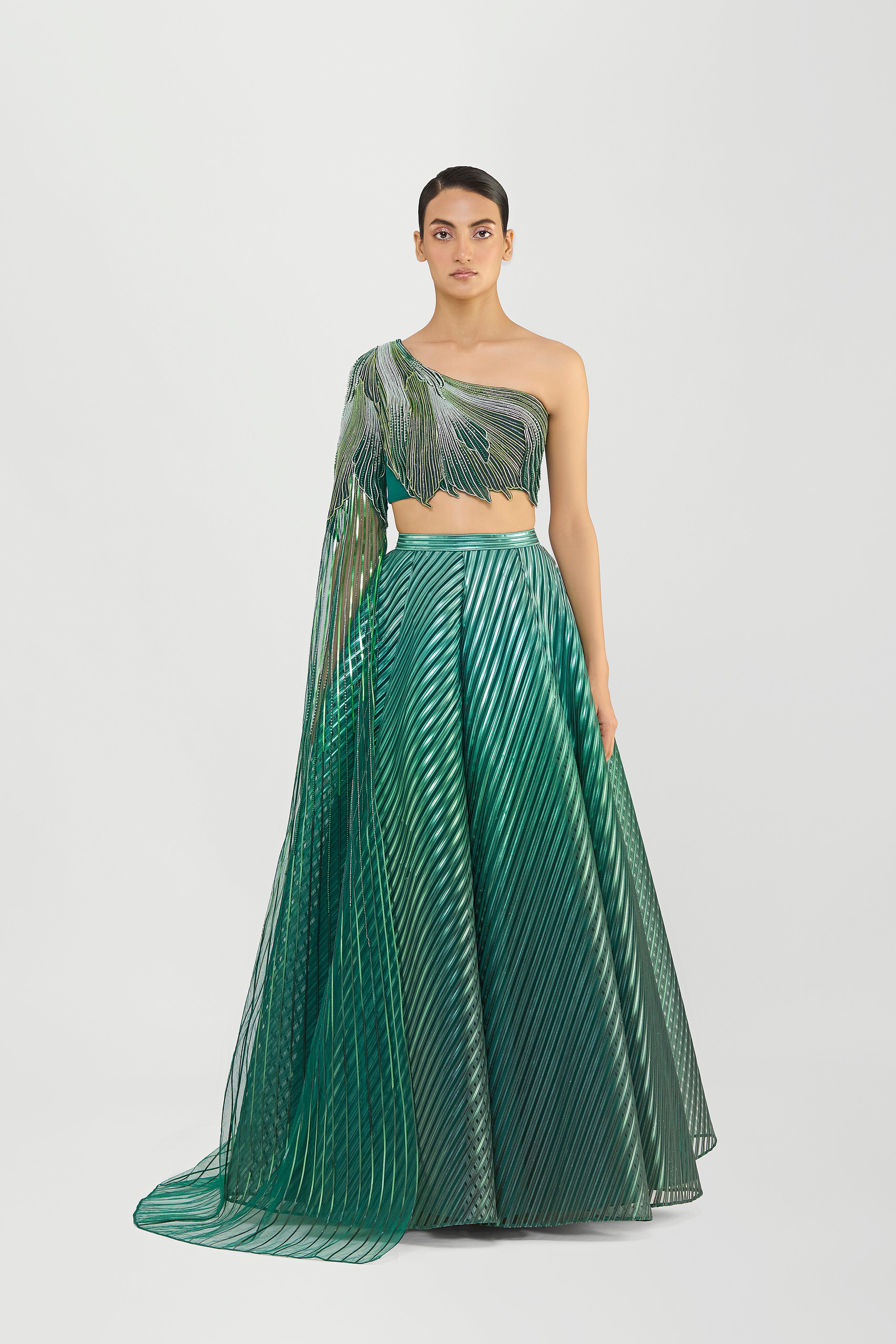 METALLIC FLUTED TULLE PRINTED SKIRT AND BEADED  ONE SHOULDERED TOP