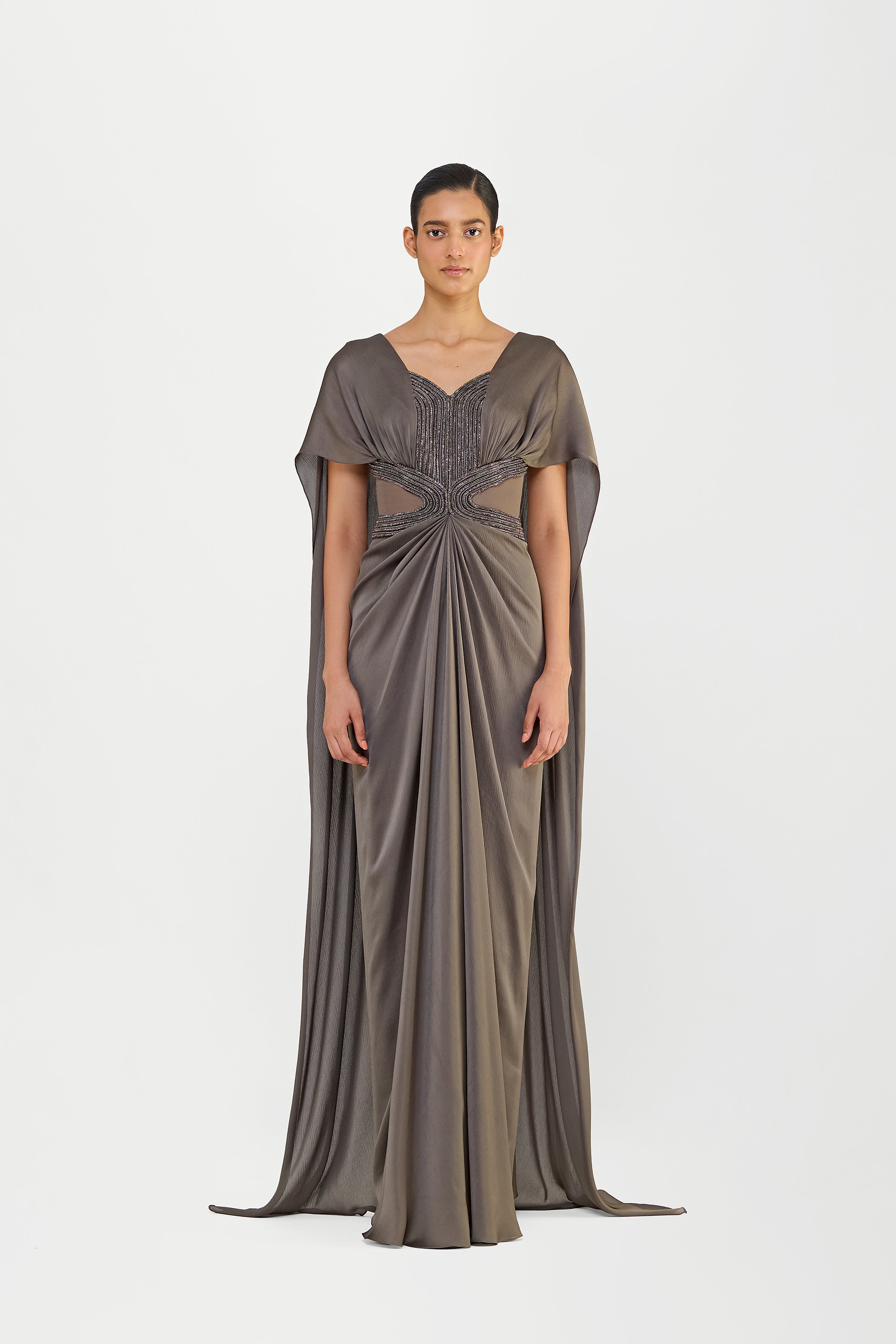 CRYSTALVEIN CHIFFON DRAPED GOWN WITH WINGS