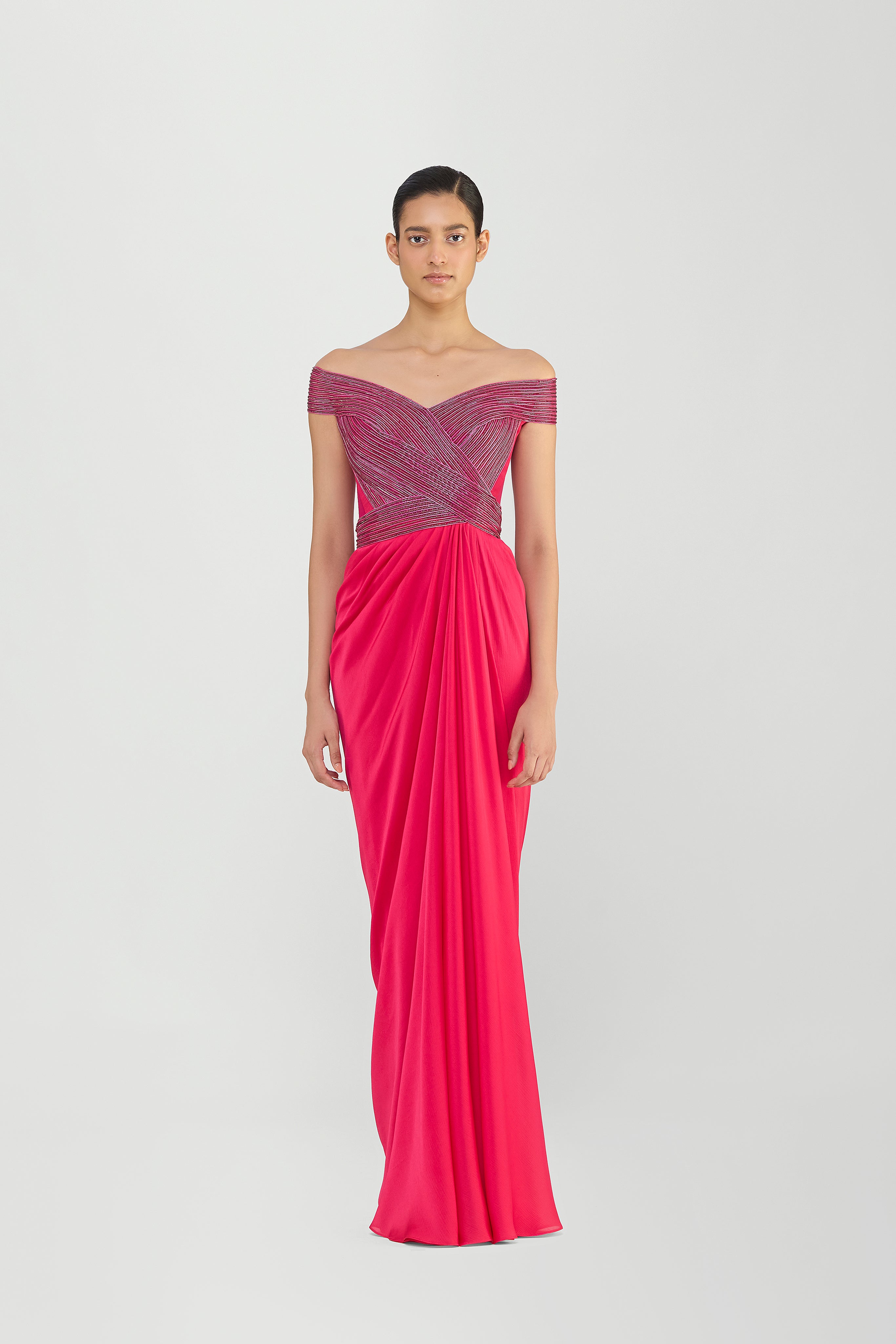 MOULDED CORDED GOWN WITH BEADS AND A CHIFFON DRAPE