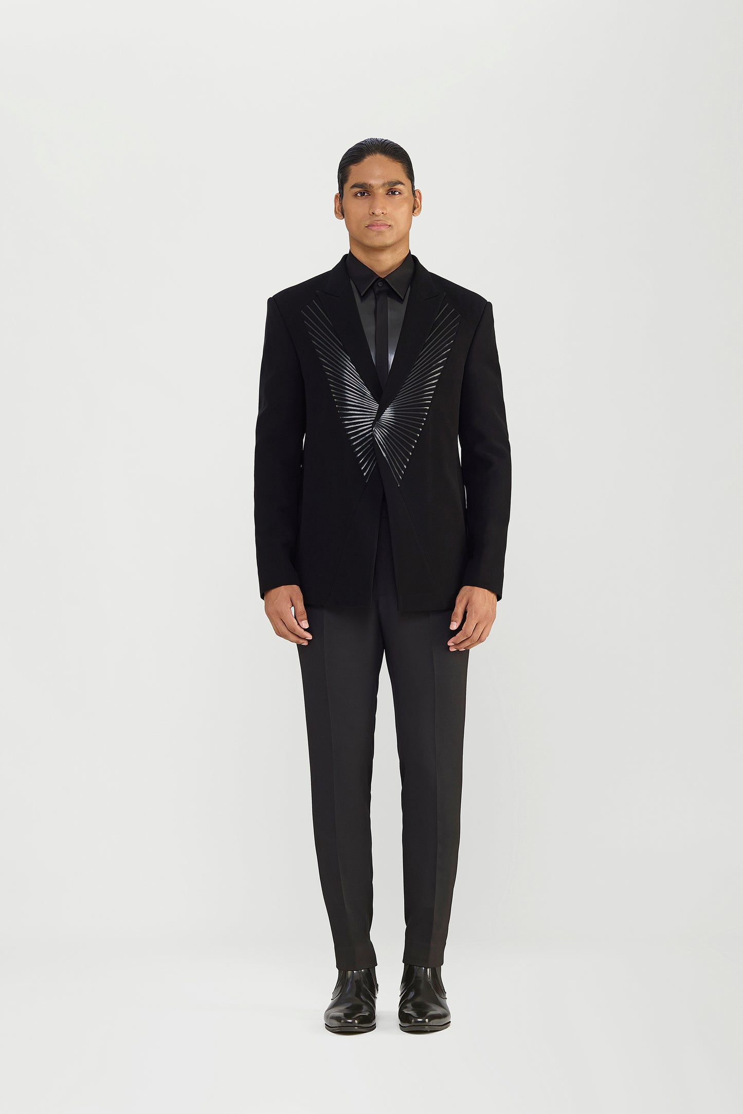 METALLIC PATERNED TUXEDO SET IN SATIN CREPE