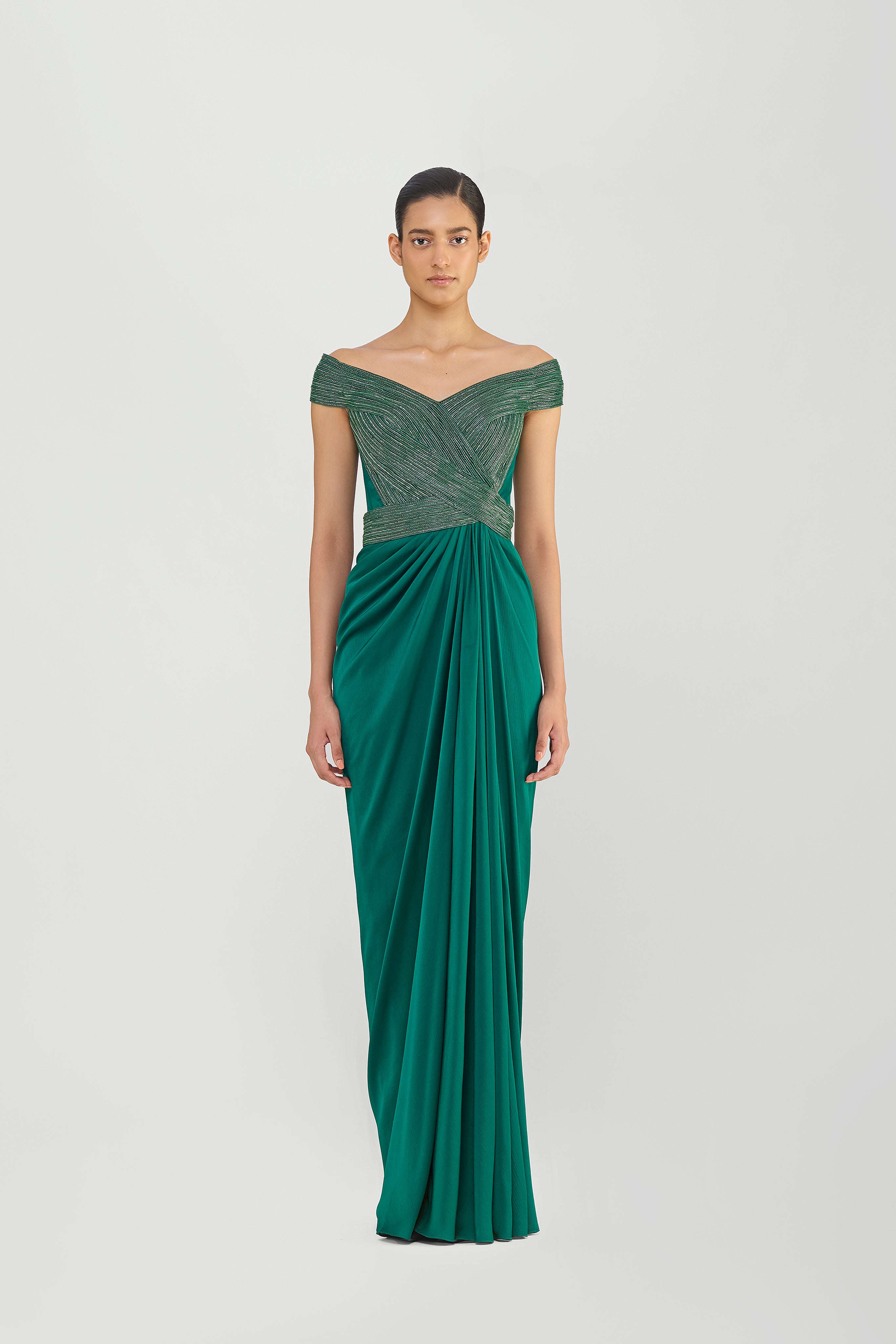 MOULDED CORDED GOWN WITH BEADS AND A CHIFFON DRAPE