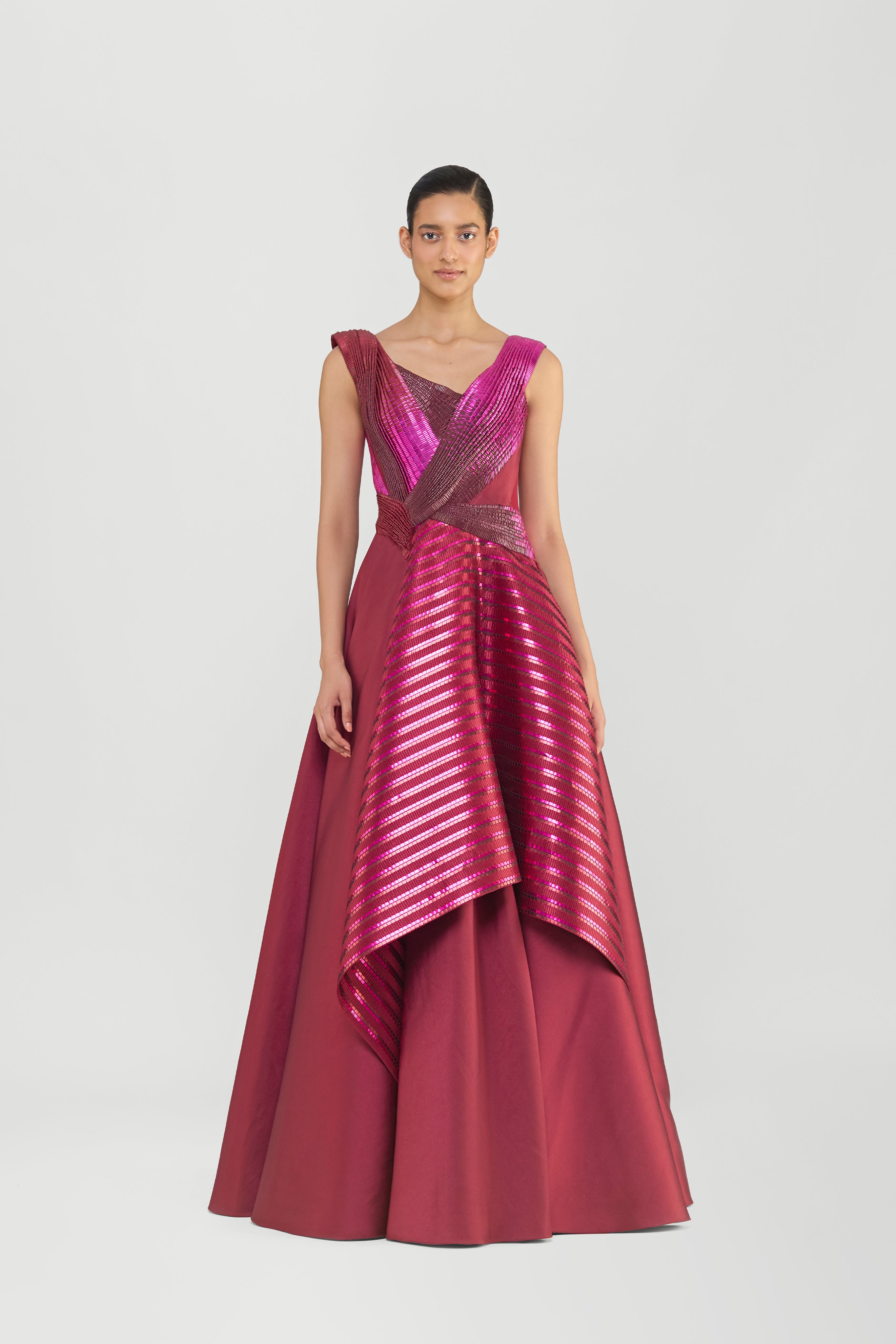 STRUCTURED LAMINA SCALES FLARED GOWN