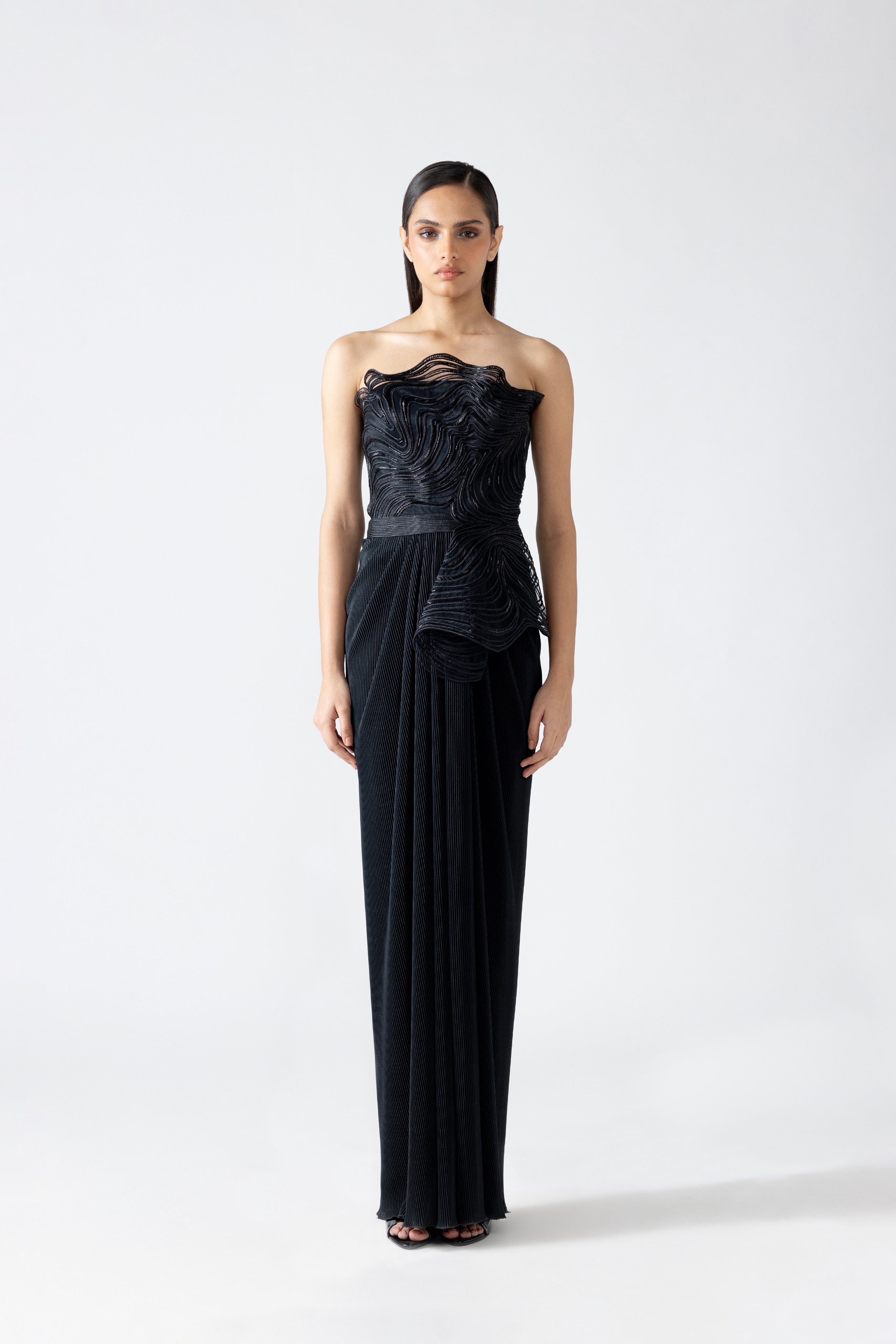 MOULDED OFF-SHOULDER PLISSE GOWN