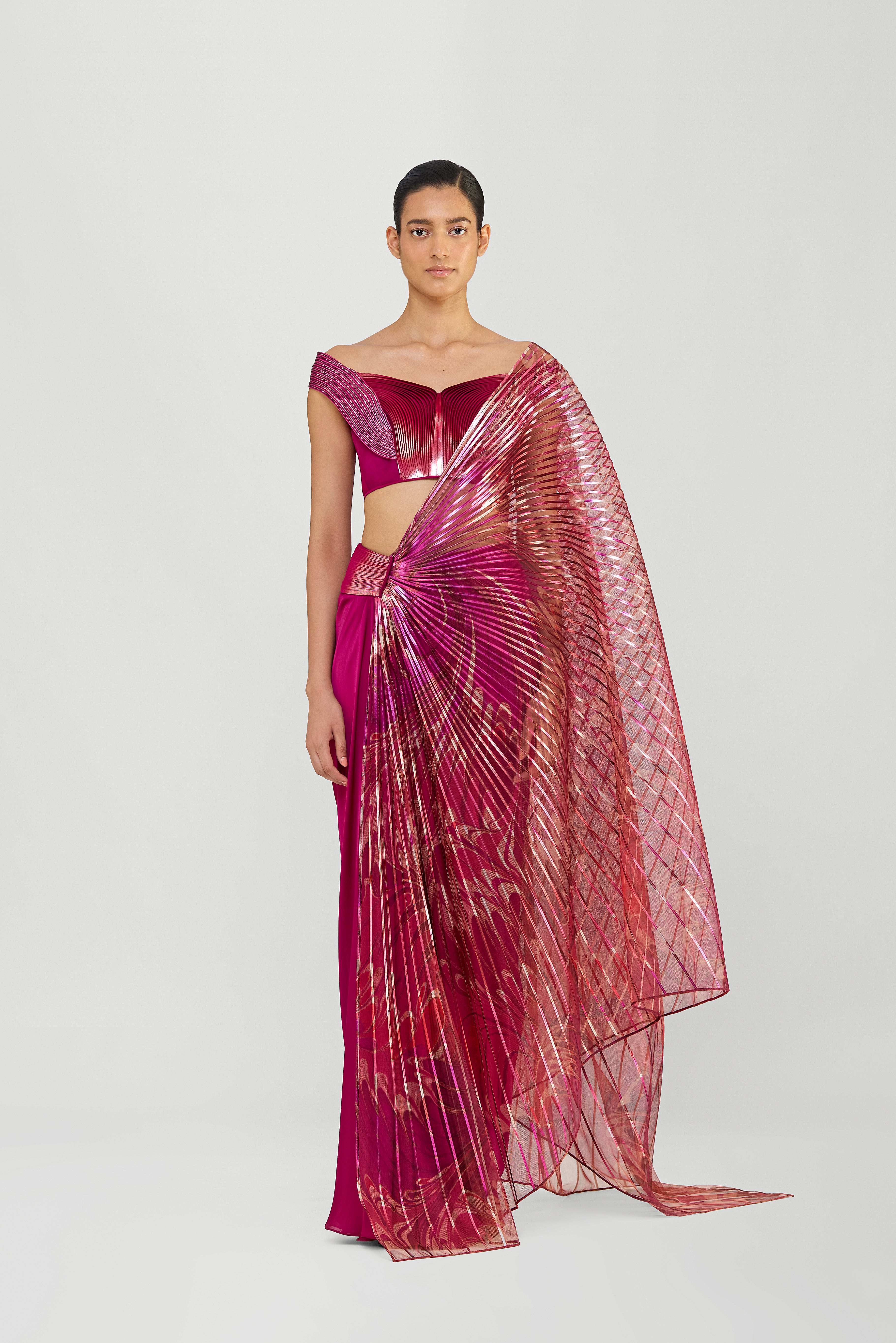 MOULDED METALLIC MICROPLEATED SAREE WITH A PRINTED SUNRAY DRAPE