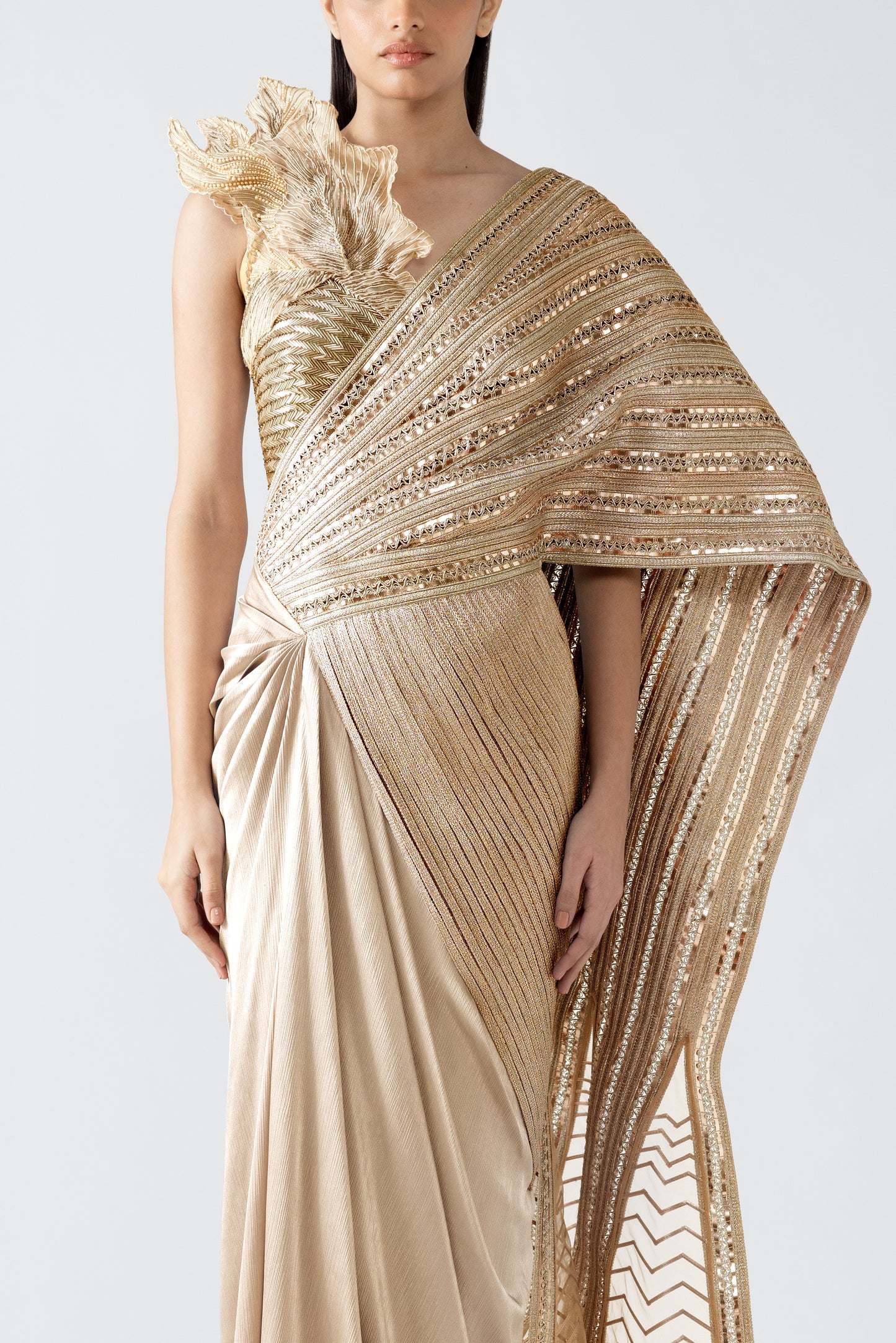 MOULDED METALLIC SAREE WITH A HAND-WOVEN PALLA