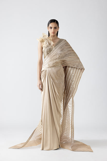 MOULDED METALLIC SAREE WITH A HAND-WOVEN PALLA