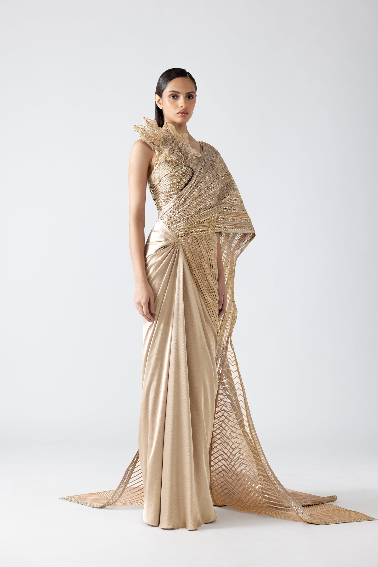 MOULDED METALLIC SAREE WITH A HAND-WOVEN PALLA