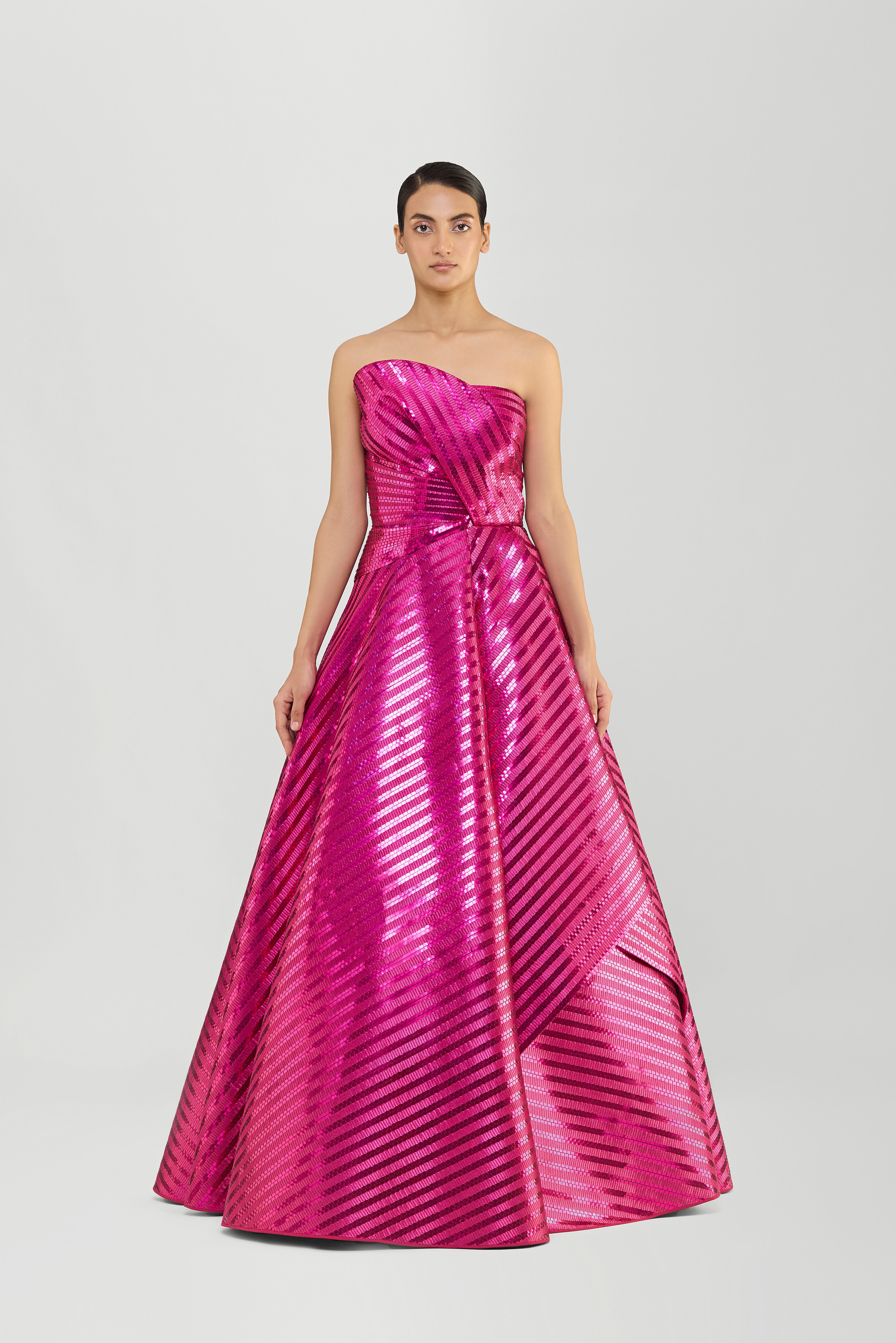 METALLIC WOVEN FLUTED TULLE FLARED GOWN