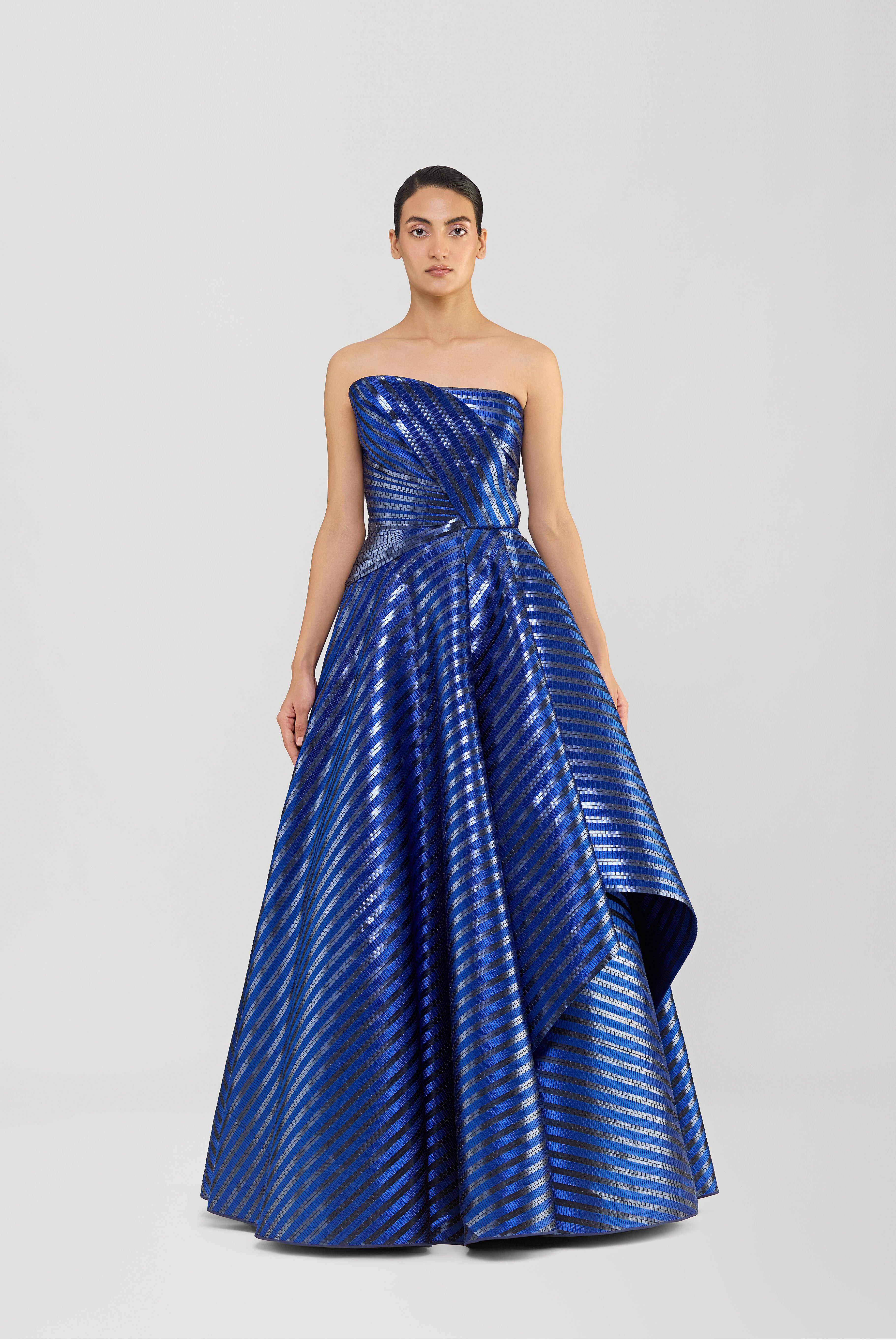 METALLIC WOVEN FLUTED TULLE FLARED GOWN