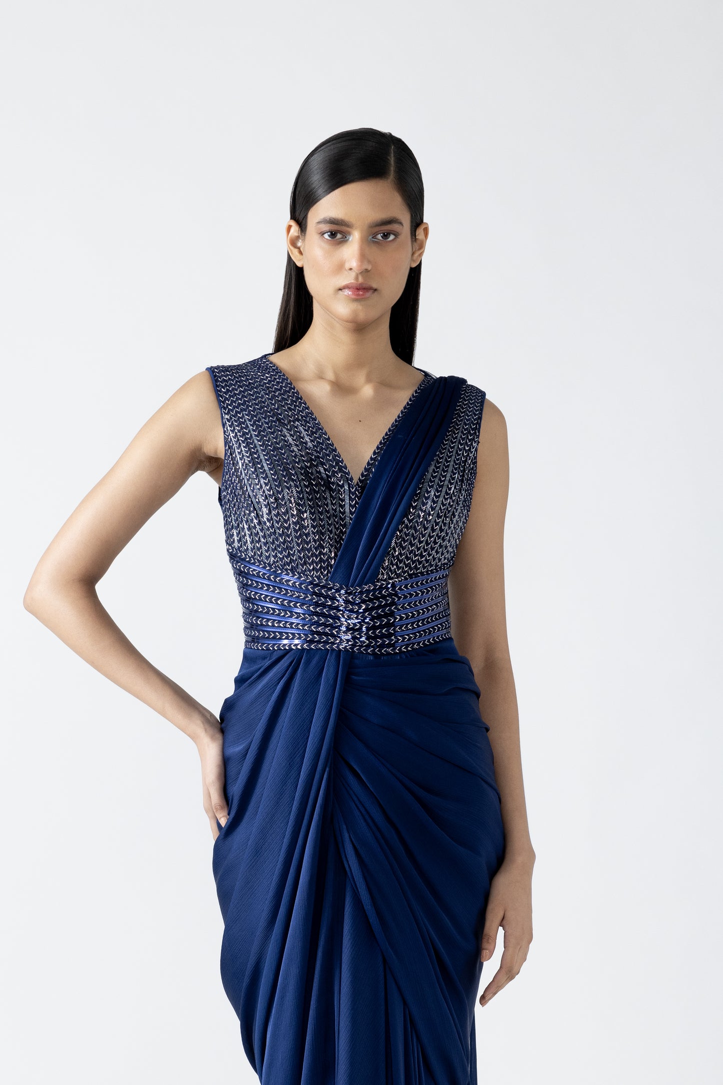 MOULDED METALLIC DRAPED GOWN