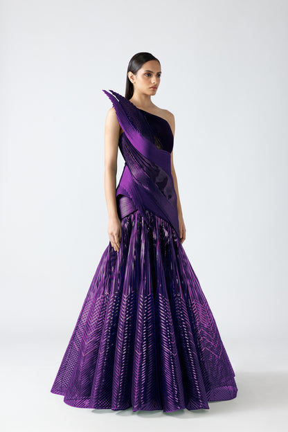 STRUCTURED STRATA MICRO PLEATED FLARED GOWN