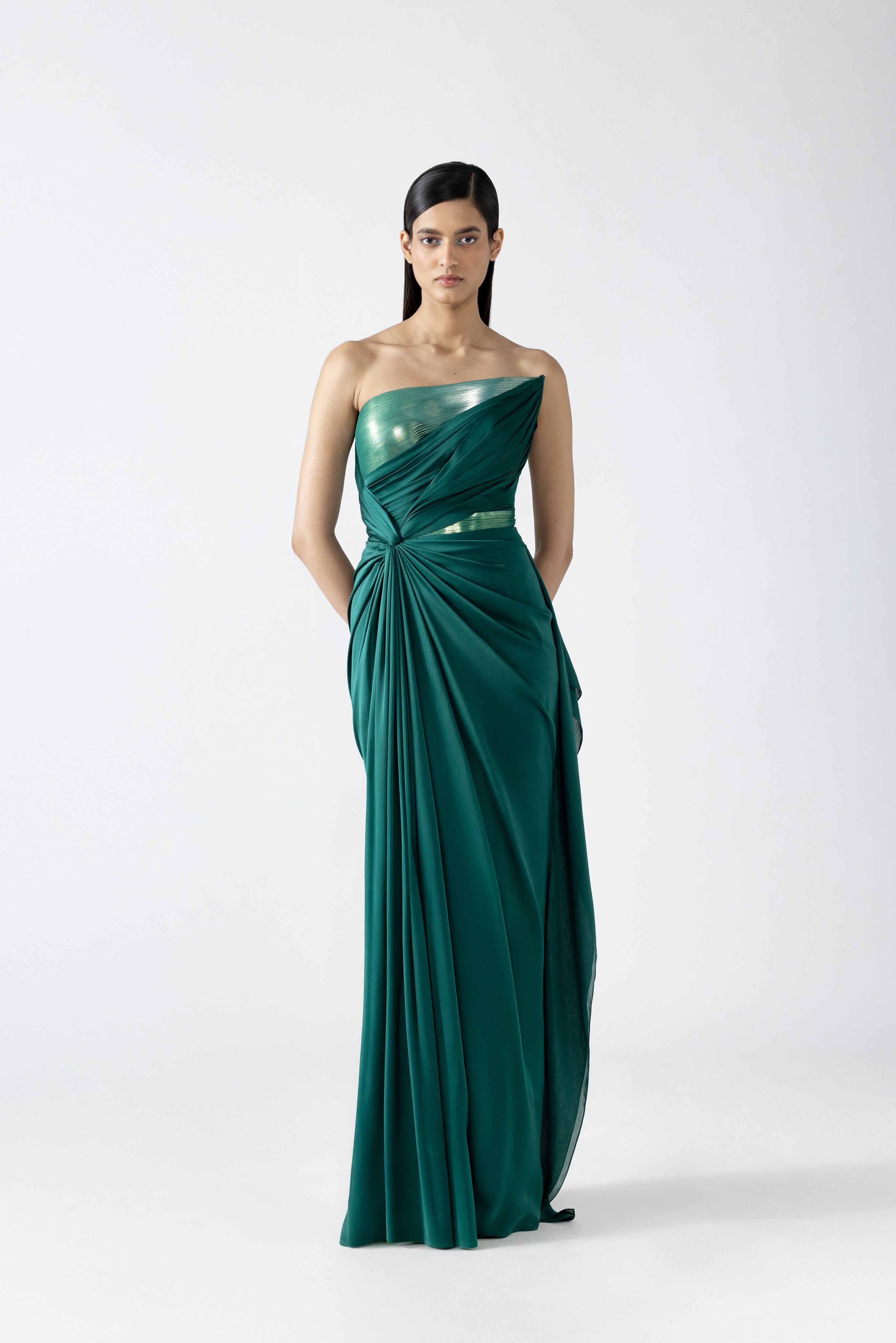 MOULDED METALLIC OFF THE SHOULDER GOWN