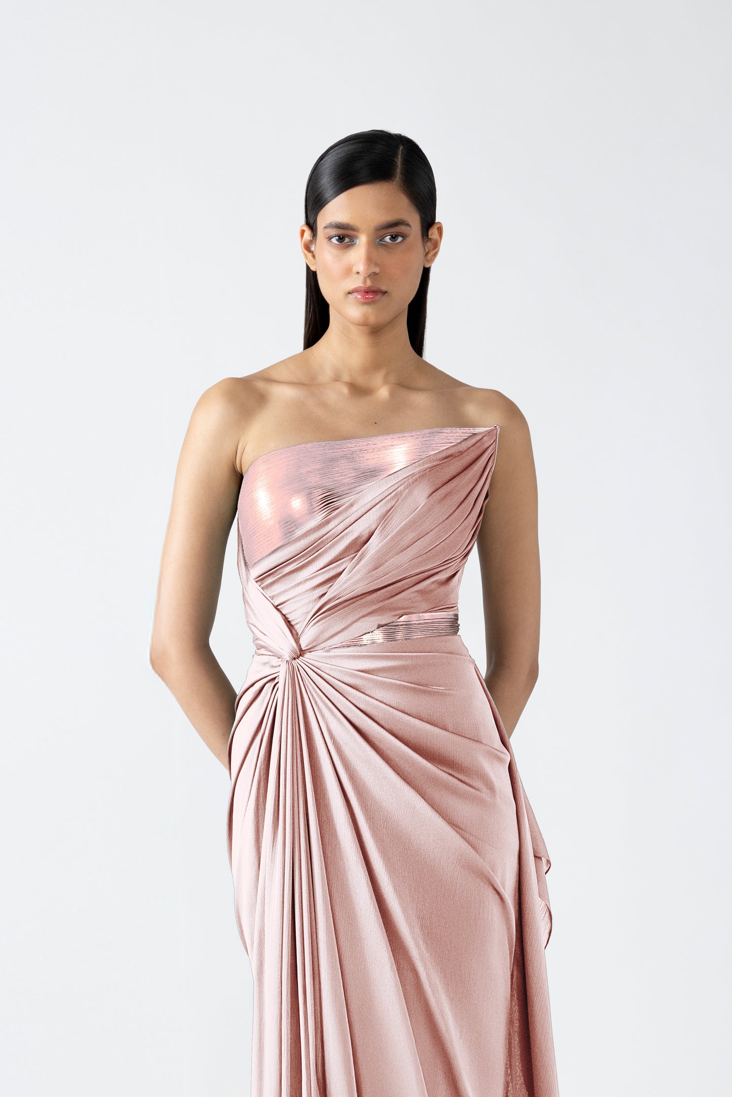 MOULDED METALLIC OFF THE SHOULDER GOWN