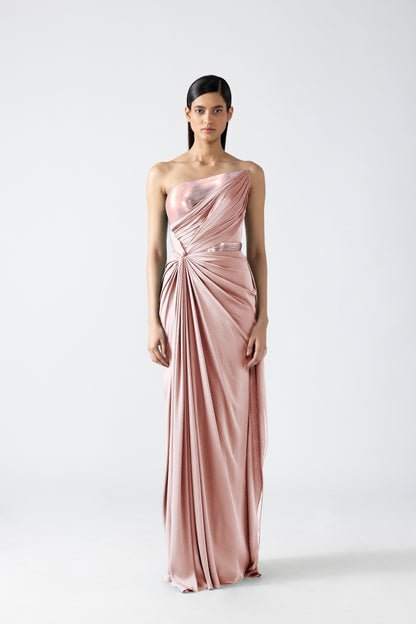 MOULDED METALLIC OFF THE SHOULDER GOWN