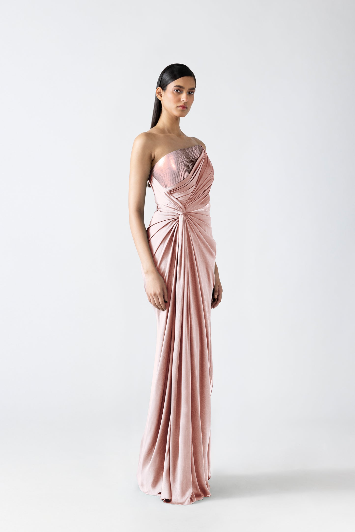 MOULDED METALLIC OFF THE SHOULDER GOWN