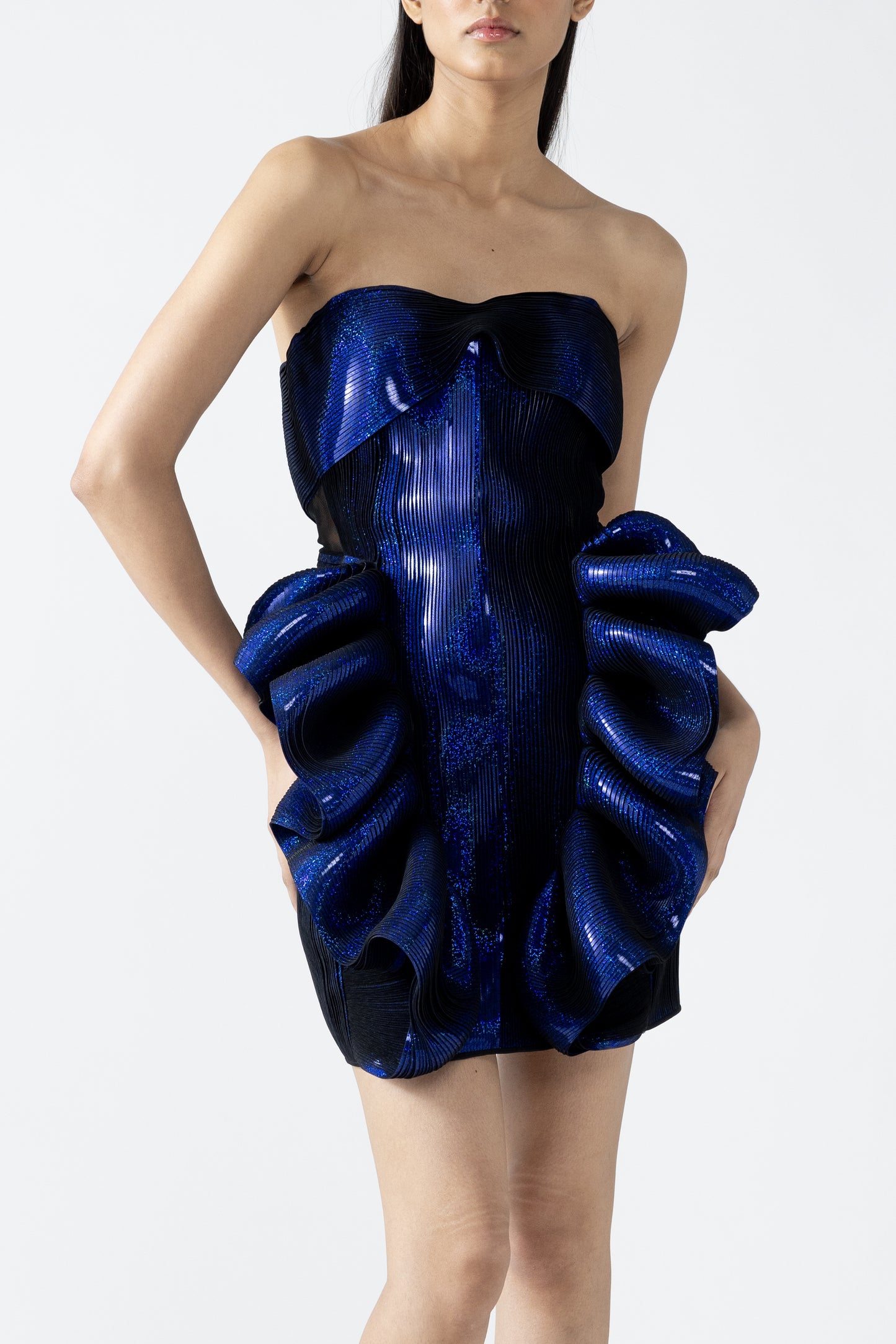 MOULDED METALLIC RUFFLED DRESS