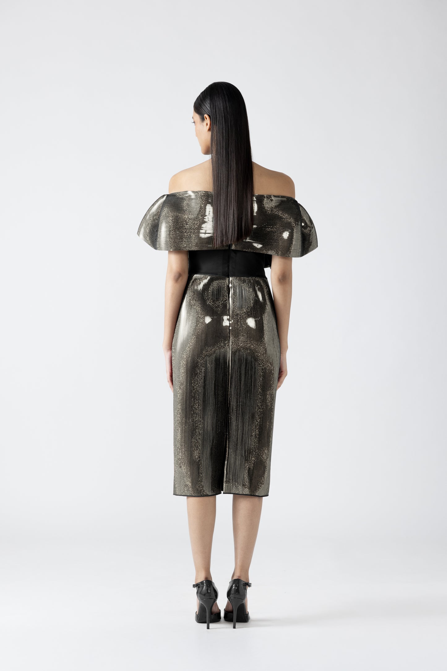 MOULDED METALLIC RUFFLED DRESS