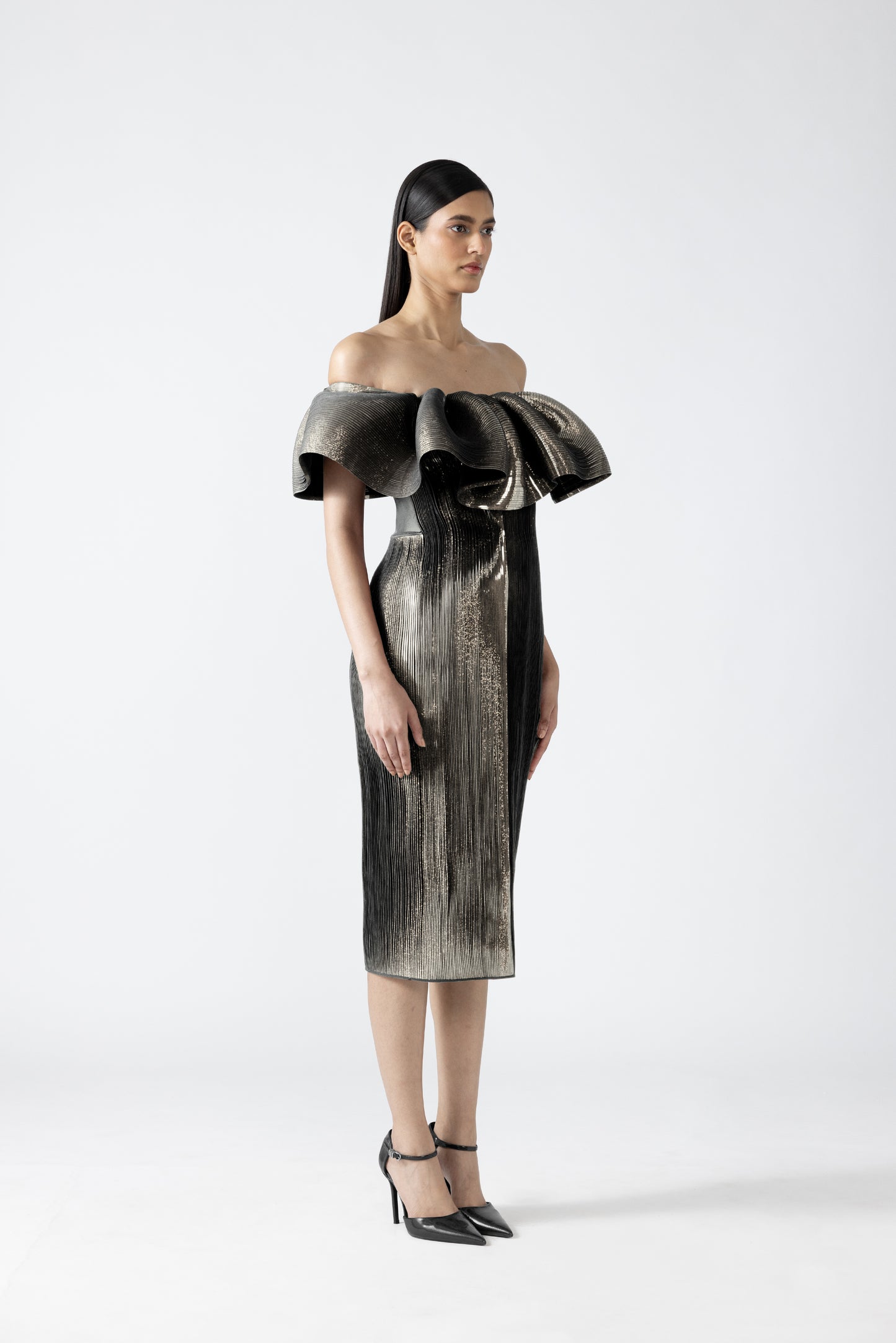 MOULDED METALLIC RUFFLED DRESS