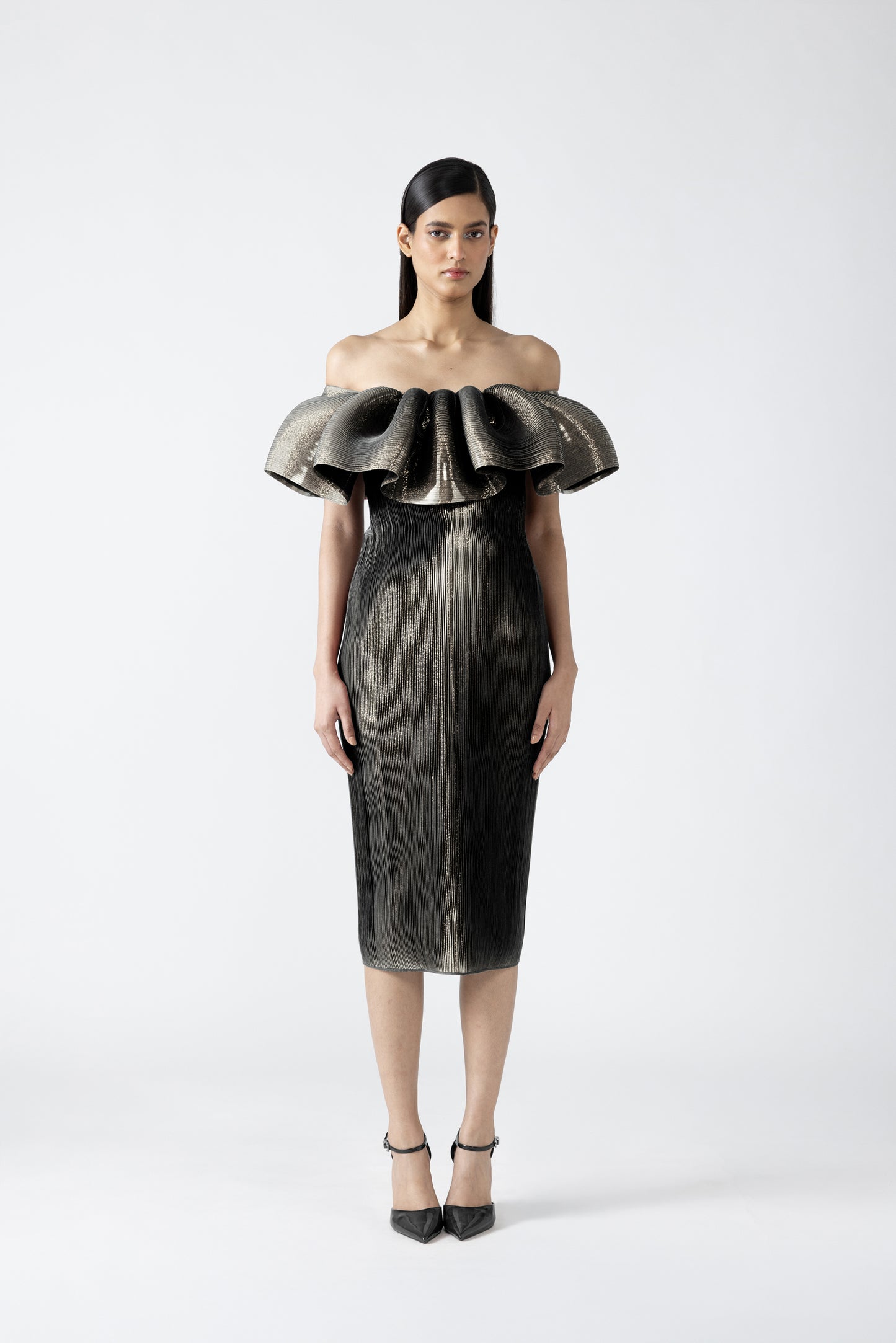 MOULDED METALLIC RUFFLED DRESS