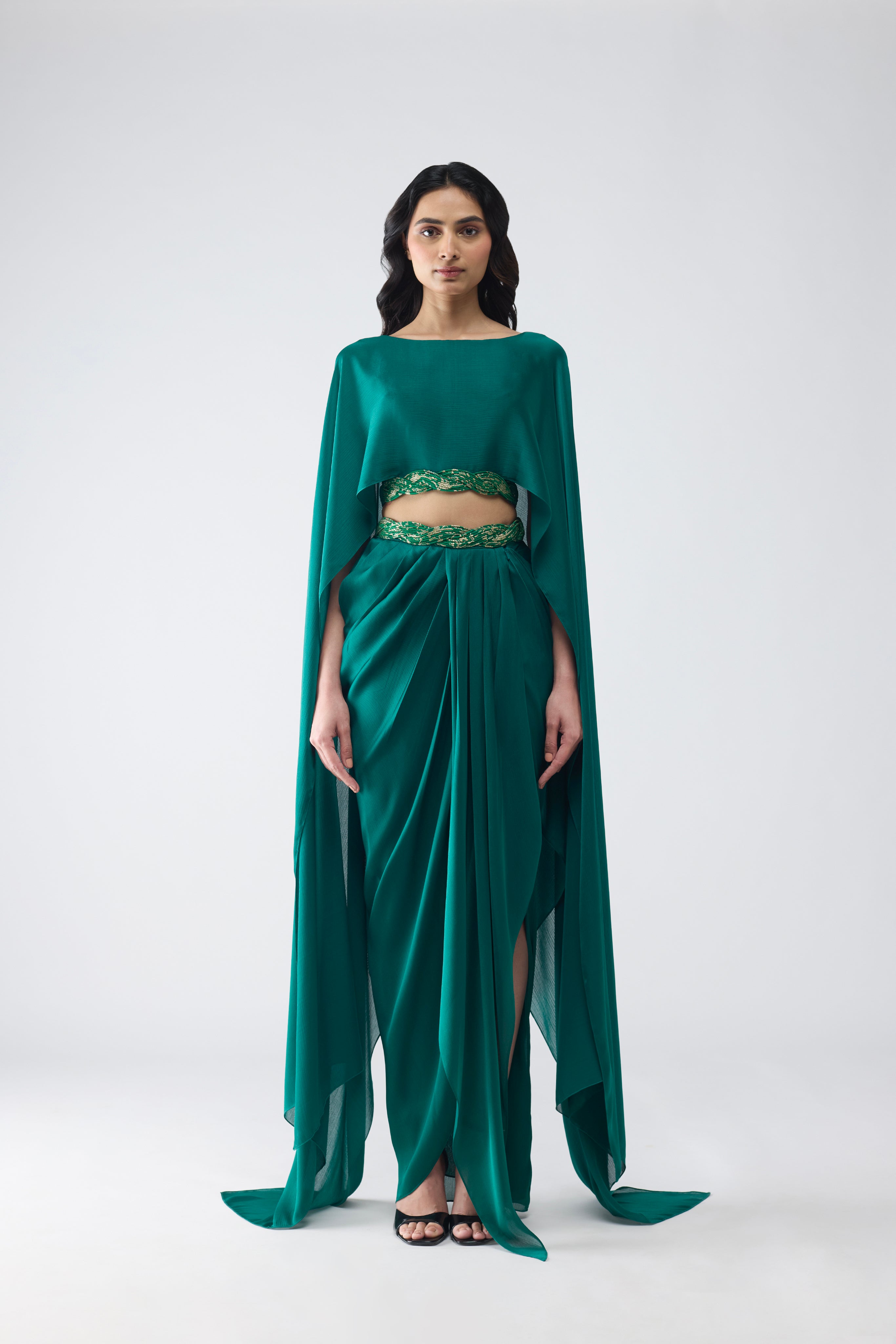 FLUID CROPPED CAPE AND SKIRT WITH VINTAGE BANARSI DETAILING