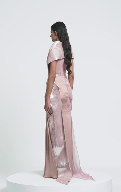 METALLIC MICRO PLEATED STRUCTURED GOWN